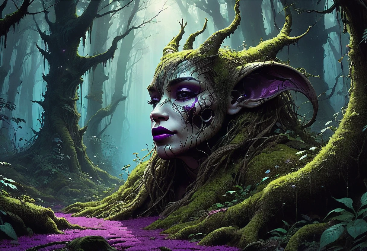 Surrealist fantasy blending with hyperrealism in the style of Philippe Vignal and Benedick Bana, whispering lips mimic the mossy forest floor, tree trunks with facial elements, sculpted lips as ears sprout among the foliage, a purple-hued moss carpet intertwining with ethereal lights piercing through the dense gloom, cinematic shadows cast by scant beams of light, ultra fine octane rendering. Masterpiece. sharp focus, intricate details. highly detailed