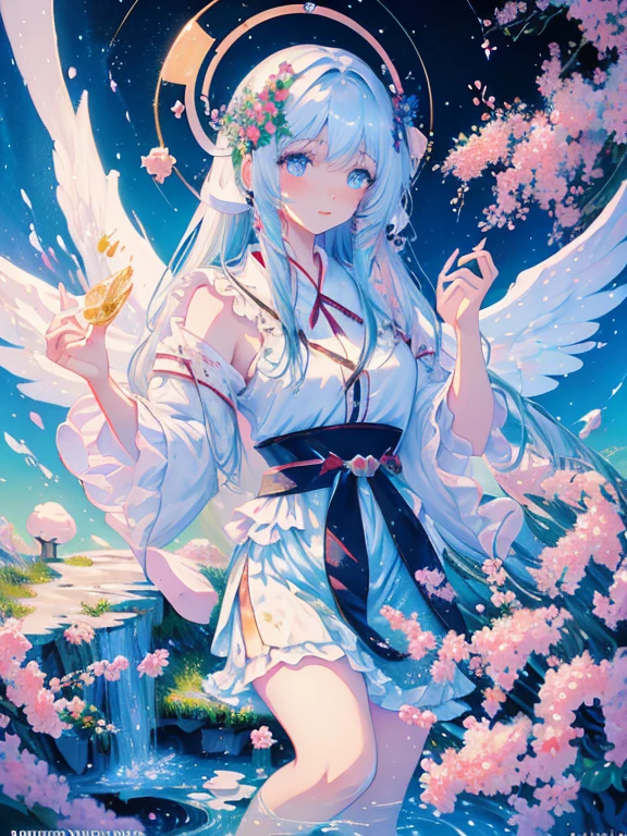 Heavenly Paradise, White lighting,(Tabletop), (highest quality), (Cinematic), 8k, (Art Station), Li Yue&#39;s painting style.(長いGray HairとSilver Eyesを持つ1人の女), (Beautiful and delicate face)、[ Particle Lou Full Moon] [Frozen Tree々々] [Landscape Crystal] [Lighting] [Mysterious atmosphere]:1.1] [Fantasy, Short Story] [soft Lighting] [+Cinematic shot]:1.2 [+Art Station] [+Light white background] [+soft Lighting] [Soft glow] [Creative and dynamic angles]:1.3, [+Crystal Toning] 、Tabletop, Very detailed, Very detailed, alone, (Pale skin), Silver Eyes, Gray Hair, (Snow Background), (Snowflake Rose Flower:1.0), (shining crystal),, (Snow-covered ground), (White eyelashes), Sexy Woman、dream-like詳細, Gorgeous atmosphere, 妖しい雰囲気 Tabletop, The most beautiful scene, Majestic、(((Lots of white flowers)))、Quiet and peaceful atmosphere、attractive, All white tones,Inside the Crystal Library,Transparent flowers and falling snow，Many white roses are planted,(water flowing,drop down,Water flower),The decoration is also carefully done..,dream-like（Very detailedです，Creative Design，Crisp, precise lines，KHD，highest quality，masterpiece，超High resolution，4K）、Various poses、((Beautiful white flower hair ornament))、Beautiful hairstyle、(highest quality, 4K, 8k, High resolution, Tabletop:1.2), Very detailed, Detailed Expression, Graceful posture, Expressive brushwork, Mysterious atmosphere, Artistic interpretation,Delicate floral jewelry， (((Detailed design、Beautiful lace translucent dress、See-through little dress)))、(SFW:1.5), (Oversized breasts, Best body proportions, Large Breast Ratio,:1.5),(White decoration on thigh)、((Beautiful crystal accessories on your feet))。((Beautiful crystal accessories on your wrist))、(((Wide open chest design)))
