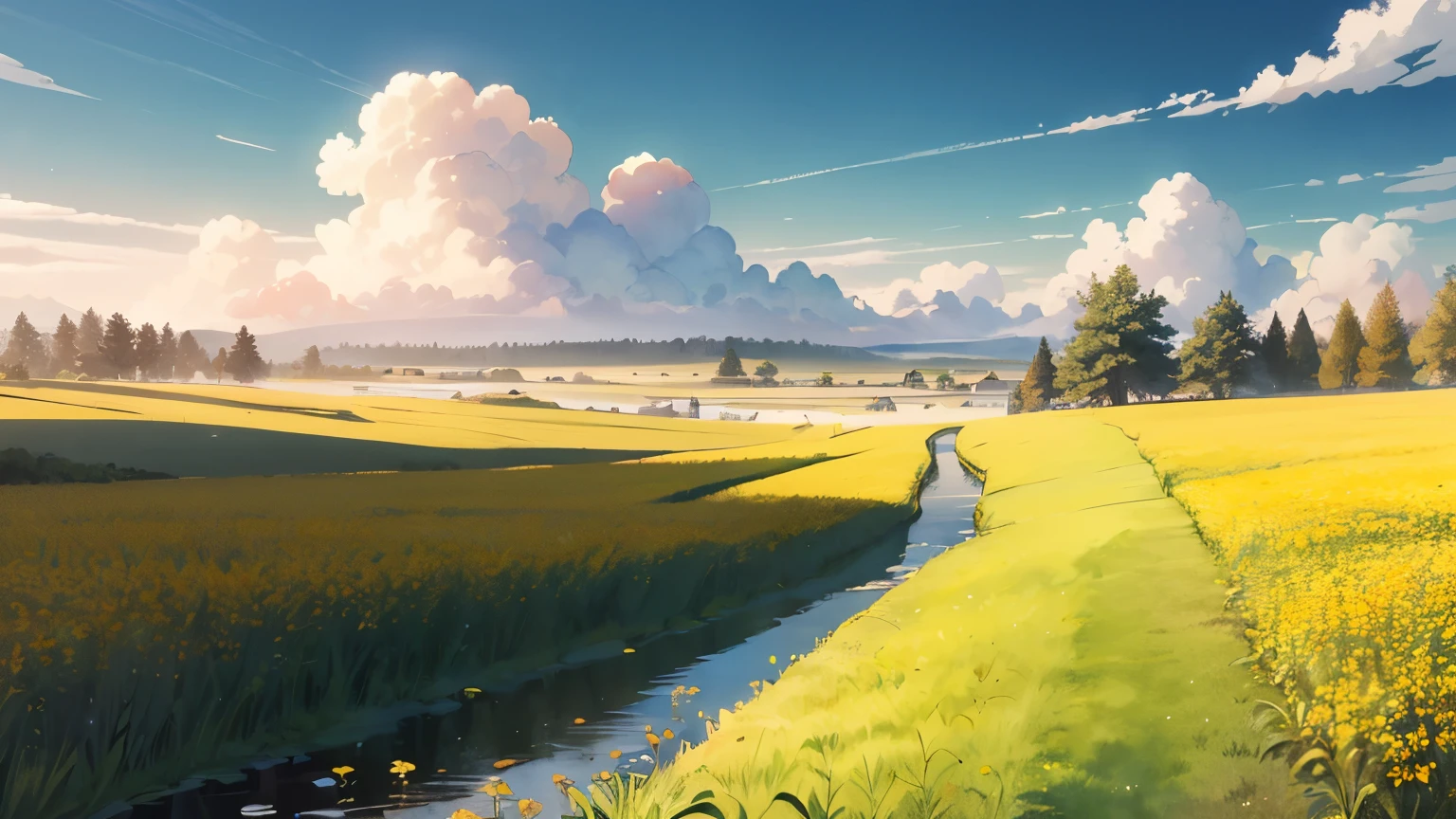 beautiful watercolor background, from Lilo & Stitch,petal grassland with blue sky,anime countryside scenery,landscape,fields of grass,flat fields, small hills,puffy white clouds,yellow canola prairies,detailed scenery artwork,flowers,perfect,soft shadows,soft lighting, cinematic light,(Best quality,4K,8K,HDR,high resolution)