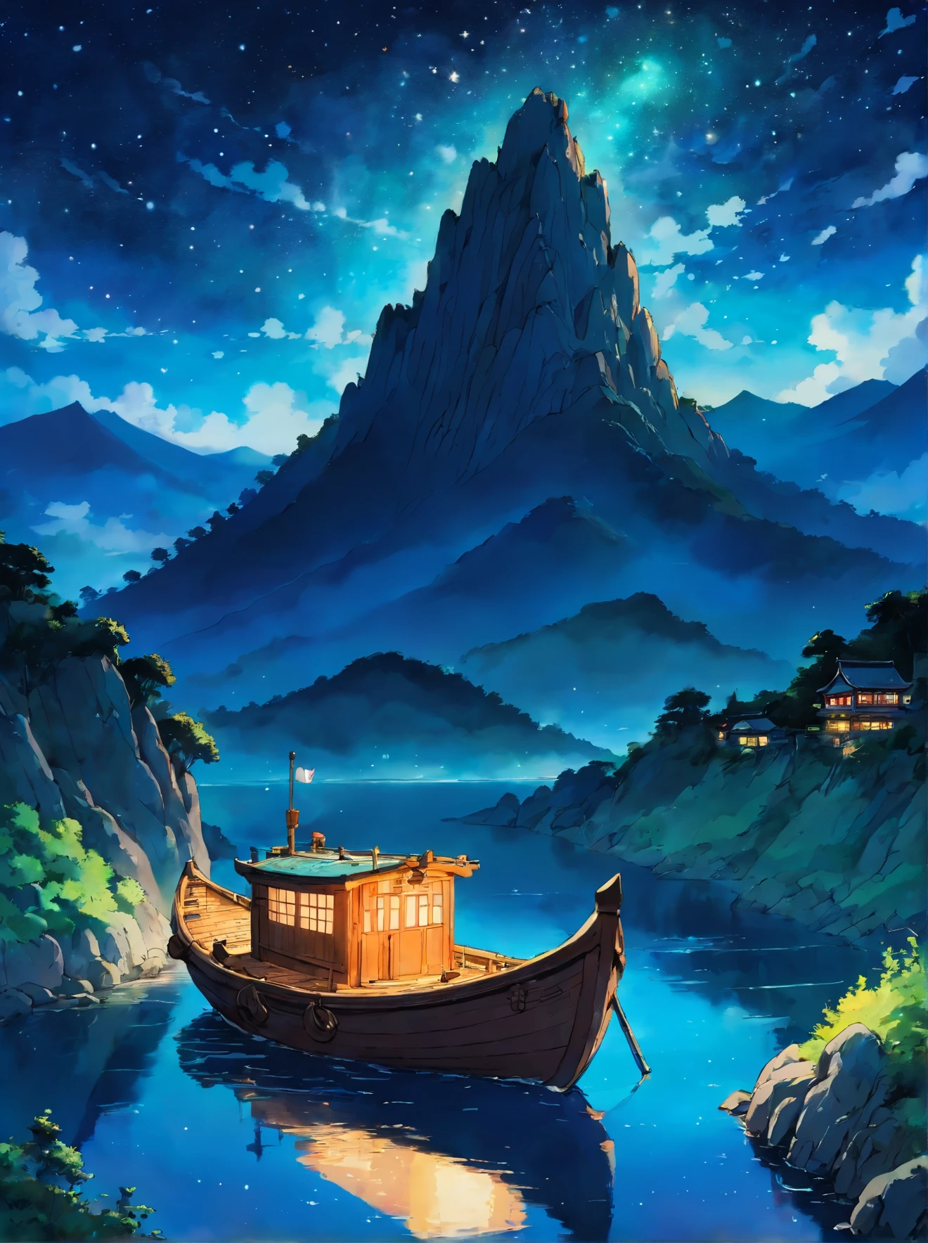 A small boat on a mountain and a river in the night sky Ink painting