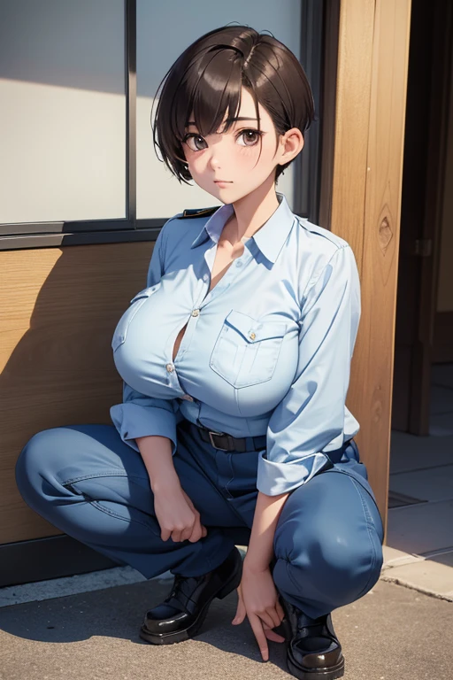 (best quality, masterpiece),20yo beautiful japanese girl,police officer,forensics blue work clothes,blue cargo pants,light brown side undercut,fade cut,short hair,(huge sagging breasts:1.3),nervous,holding a camera,in the scene of the incident,squatting,absurdres
