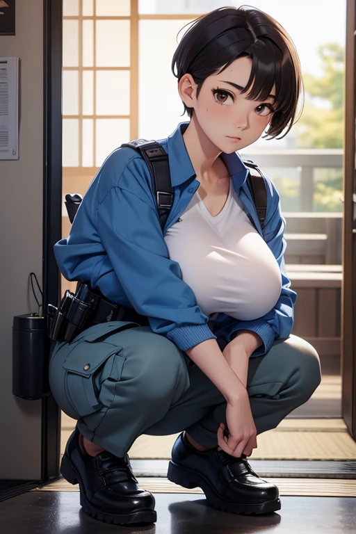 (best quality, masterpiece),20yo beautiful girl,criminal investigation, blue work clothes,blue cargo pants,light brown side undercut,fade cut,short hair,(huge sagging breasts),nervous,holding a camera,in the scene of the incident,investigating,absurdres