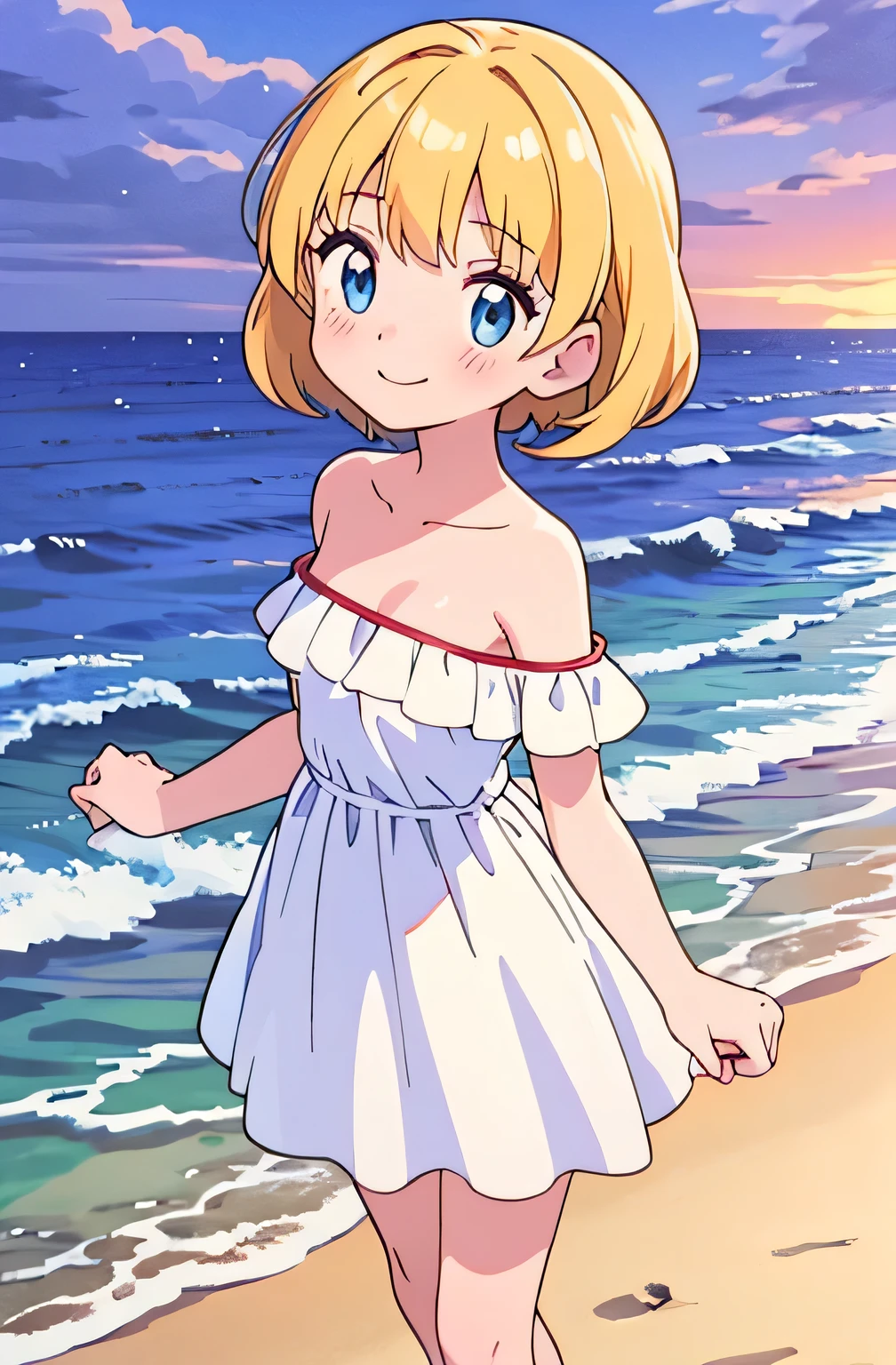 pokemovies, sugimori ken, ken sugimori ken \(style\), anime screencap, masterpiece, best quality, highres, outdoors, small breasts, 1 girl, Solo, Blue Eyes, Beautiful Detail Eyes, Blonde Medium Hair, Short Hair, Bangs, Good hands are down, Smile, Blushing, Bare Neck, Bare Shoulders, strapless, White Ruffle Off-the-Shoulder maxi dress. Cowboy shot. A landscape of the beach, sea, early evening, purple skies, sand beach. In the center. Walking on the beach with bare feets. Far from the bottom, looking at viewers, teenager