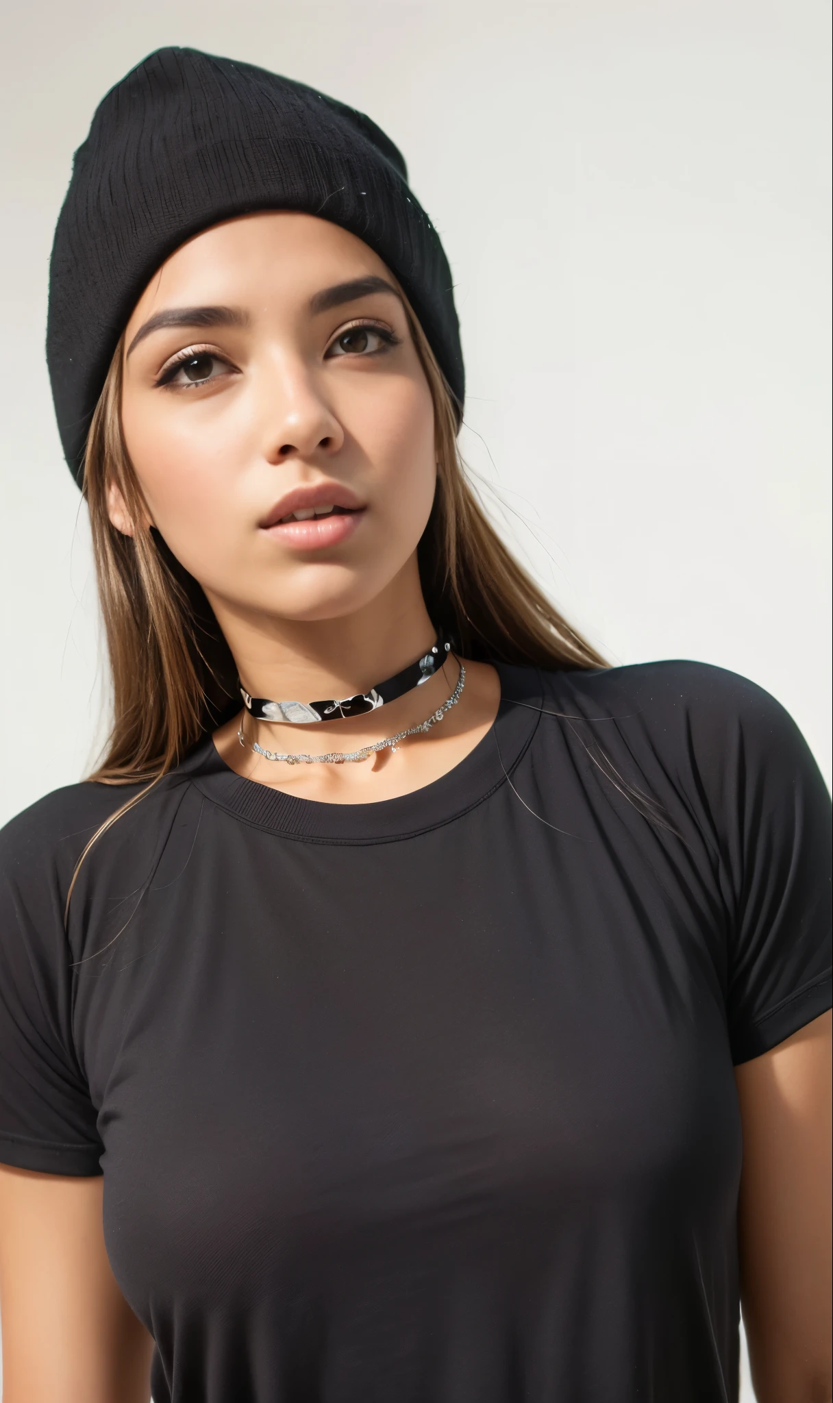 arafa woman wearing a black hat and a black shirt, vestindo camiseta preta, vestindo uma camiseta preta, vestindo uma camiseta preta, centre image, camiseta preta, vestindo uma camiseta, rosto bonito, close-up do meio, high angle close-up, close up profile view, wearing a choker and a cute hat, Manga curta