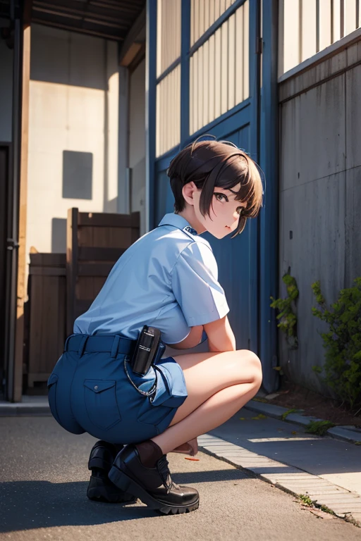 (best quality, masterpiece),20yo beautiful japanese girl,police officer,forensics blue work clothes,blue cargo pants,light brown side undercut,fade cut,short hair,(huge sagging breasts),nervous,holding a camera,in the scene of the incident,squatting,absurdres