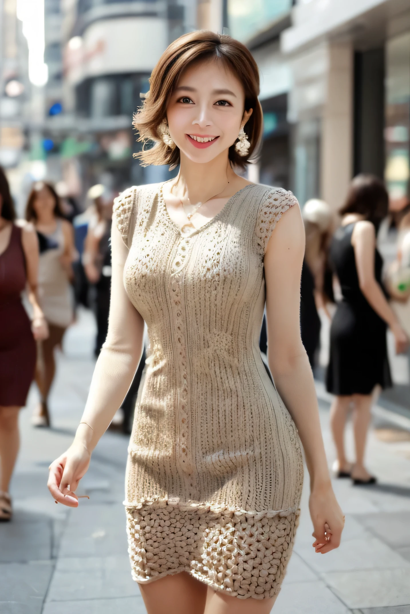 8k, masterpiece, RAW Photos, highest quality, Realistic, Depth of written boundary, Cinematic Light, (Beautiful expression, Beautiful Lips, Beautiful Eyes:1.5), Detailed aspect, ((Highly detailed skin)) One Girl, Cute Japanese Woman, 1 girl,Keep your hair up, (Very slim and slender fit muscular body:1.3), (Big smile:1.3), (Blurred Background), (Fashion Street),(No people in the background:1.3), Beautiful earrings, bracelet, necklace, walking, (Pale skin), (Big eyes), Look forward, (Brown Hair), (Full Body Shot), ((Knitted dress:1.3)), ((Tight Fit Dress:1.4)), (View your viewers:1.3) , (Short skirt length:1.4), Open chest, Very slim, Small breasts, Very small waist, Backtrack, (Buckshot), focusing, In front of eyebrows, (Small Ass)