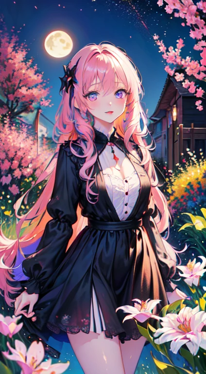 highest quality,4K,8k,High resolution,masterpiece:1.2,Very detailed,Actual, High Dynamic Range,Hyper HD,Studio Lighting,Ultra-fine painting,Very detailedな説明,Professional,Bokeh,girl,Those girls,Beautiful Eyes,Beautiful lip detail,Very detailedな目と顔,Long eyelashes,Sporty clothing,landscape,has beautiful purple hair,Pink Eyes,Medium chest,Sexy appearance (Skin Details: 1.3),,Luxurious black evening dress,The garden is full of lilies,Happy,My face turned red,In the middle of the night,moon,Loose Flower,elegant,Smooth skin,mouth opens slightly,lipstick,Tattoo,lie