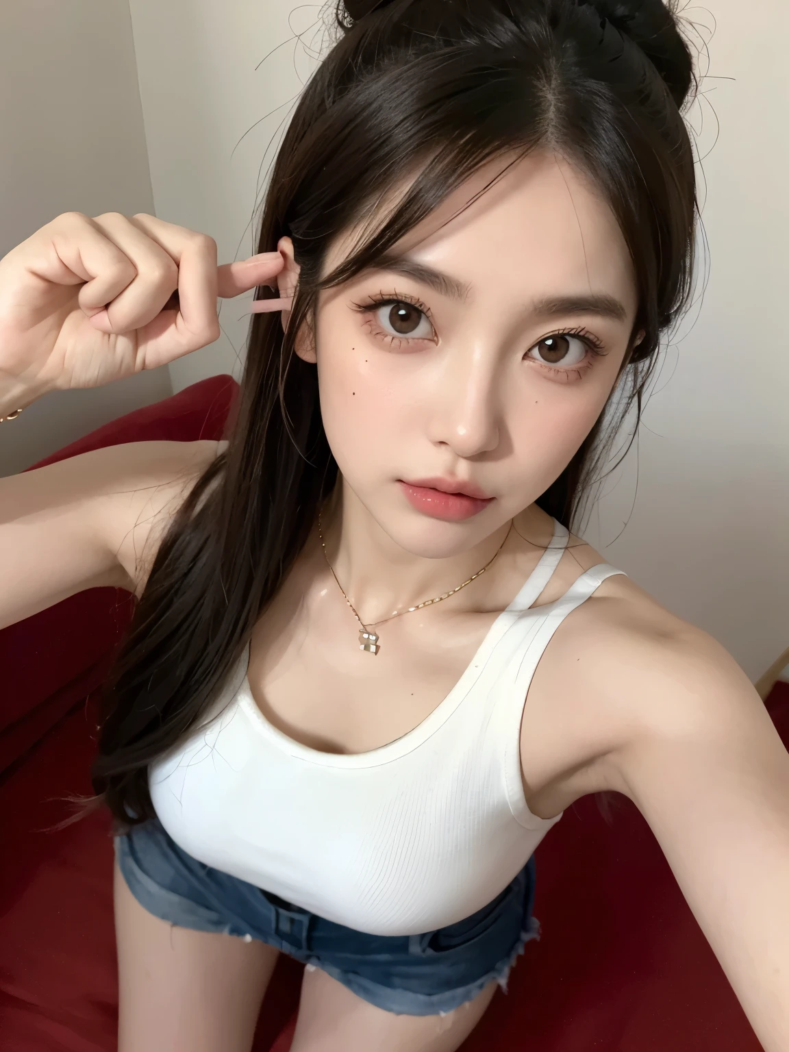 Kim Jennie with white brown hair, con rulos en las puntas, all her hair white brown, with a star clip in her white brown hair, ojos de color claro, ojos bonitos, ojos llorosos, nariz bonita y respingada, nariz lloroso, labios bonitos, labios rosas, heart and cupid shaped lip, piel bonita, pale, piel blanca, con lunares y pecas en todo el rostro, rubor rosa suave en las mejilla, rubor rosa natural, maquillaje suave y rosa, jennie, cuello bonito, cuello marcado, frown, mirada tierna, con un collar de beso, un collar bonito de beso, parecido a Yumeko Jabami, mientras lleva puesto un Crochet YK2, de lana, with a YK2 style brown mini skirt, mientras lleva una casaca con estampados de ositos, mientras tiene el abdomen desnudo, delgado, marcado y bonito, (pechos grandes, pechos suaves, pechos bonitos), mientras esta haciendo cospaly del personaje Yumeko Jabami, del anime Kakegurui, mirando a la camara, autofoto, selfie bonita