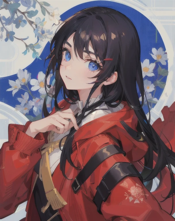 solo, 1girl, looking at viewer, black hair, long hair, blue eyes, beautiful detailed face, red floral background