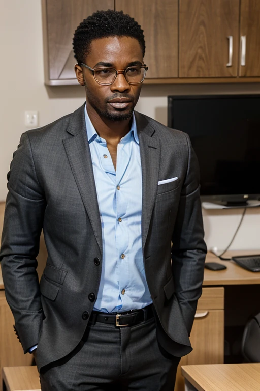 business man africain portant des lunettes et assis sur un bureau dans une salle de conference entrain de présenter un projet.