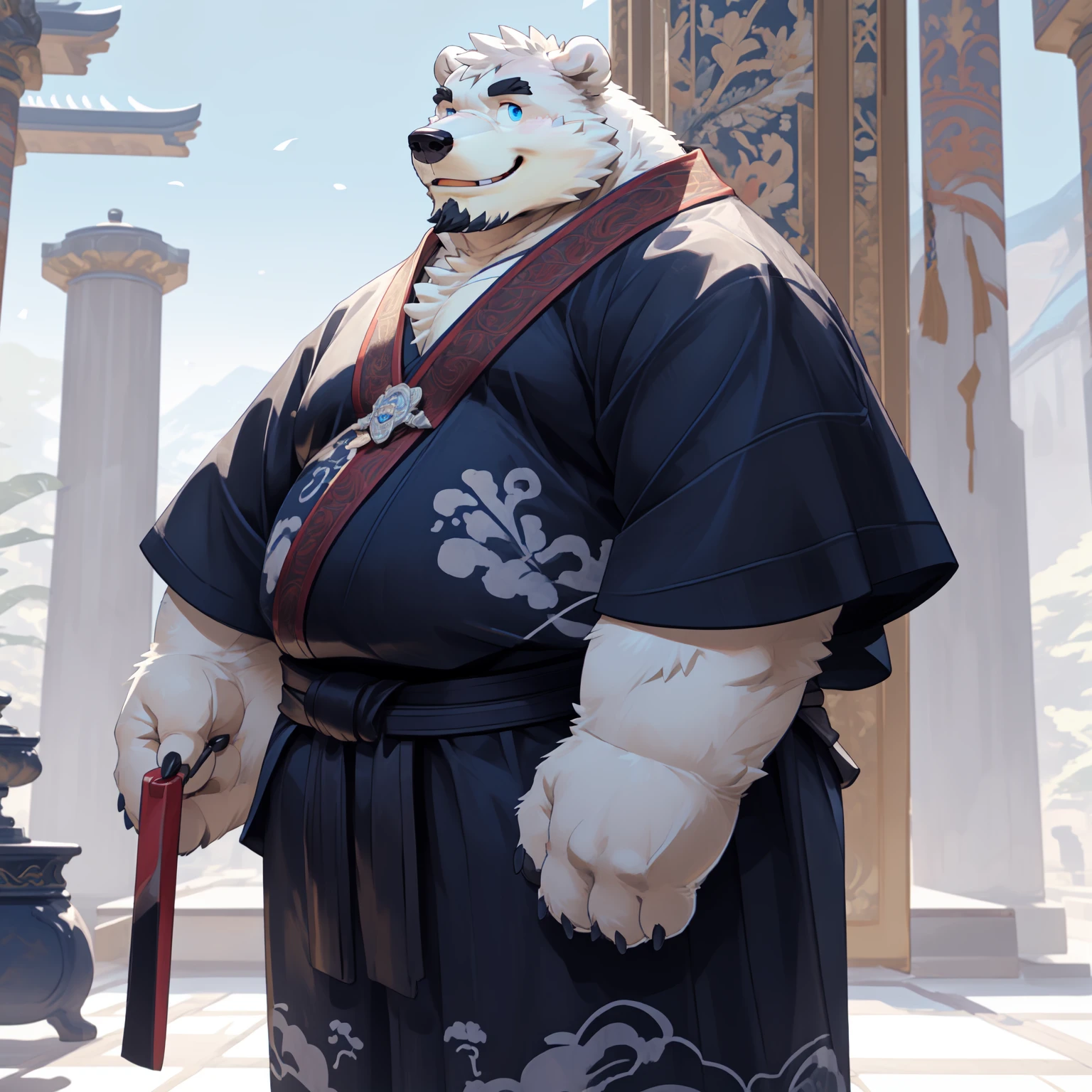 New Jersey 5 Furry,polar bear,portrait,standing solo,Exquisite, Chubby,Fat,Thick arms,Rugged muscles,White plush fur,Chubby脸,Black eyebrows,Sky blue eyes,Beard,Wang fu,palace,Samurai costume,Smile