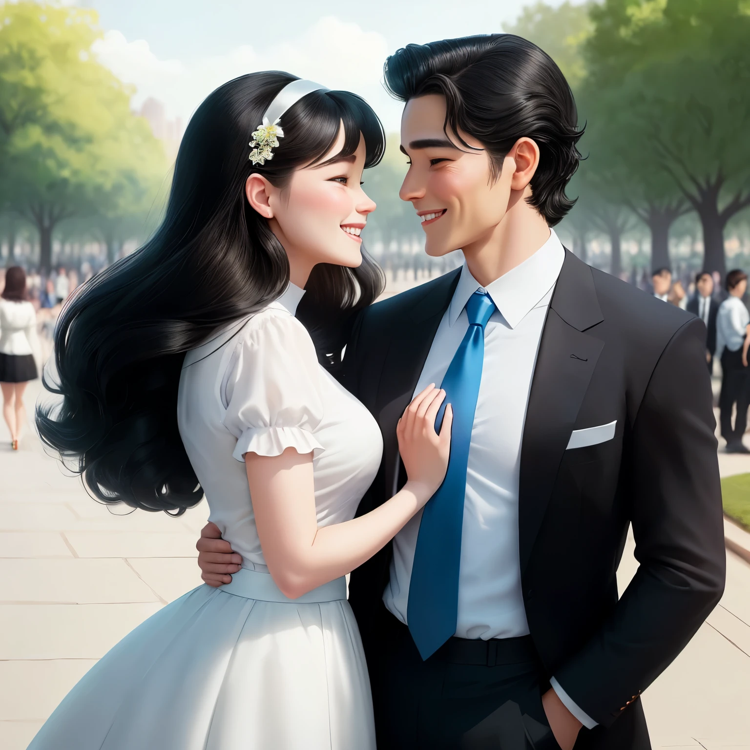 In a charming Disney cartoon scene, a woman donned a pristine white short-sleeved blouse and an elegant black skirt. Her hair flowed freely, adding to her beautiful and radiant appearance. A man, equally distinguished, wore a crisp white rubber-sleeved shirt with a stylish blue tie and formal long black pants. Both of them happily stood in the lush, vibrant park, basking in each other's company and soaking up the joyous atmosphere around them.