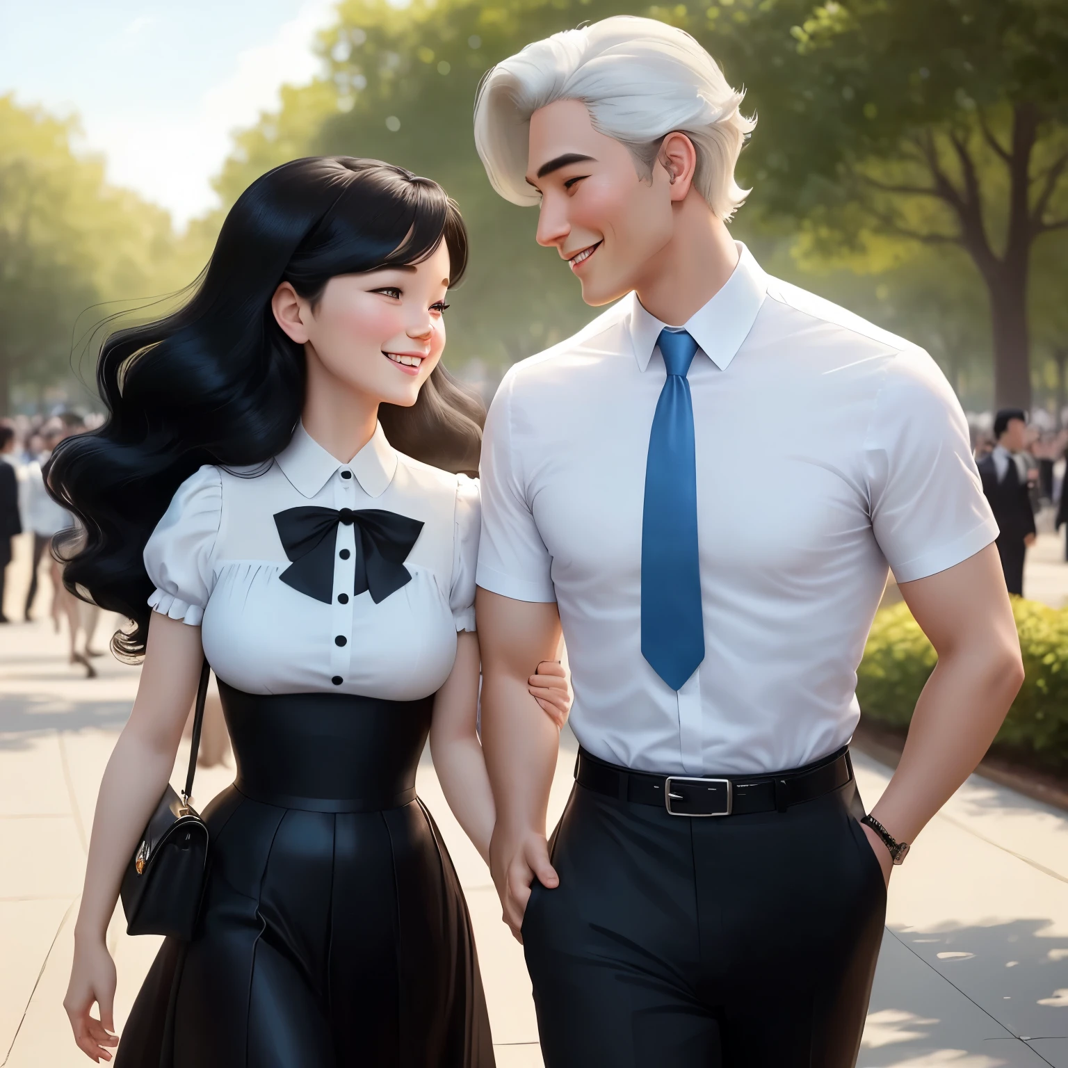 In a charming Disney cartoon scene, a woman donned a pristine white short-sleeved blouse and an elegant black skirt. Her hair flowed freely, adding to her beautiful and radiant appearance. A man, equally distinguished, wore a crisp white rubber-sleeved shirt with a stylish blue tie and formal long black pants. Both of them happily stood in the lush, vibrant park, basking in each other's company and soaking up the joyous atmosphere around them.