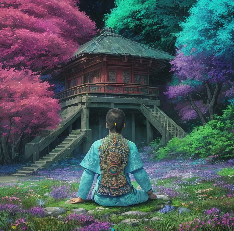 A shaman meditating in a vibrant environment, paisagem iluminada de outro mundo, surrounded by ethereal spirits and symbols of the spiritual realm. Symbols of nature, OM, zen, mystic, cores vibrantes, Imagem com pelo menos 300 dpi, Ultra HD,