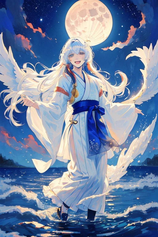male性，male，White Hanfu，Long white hair，Long flowing hair，wide sleeve robe，Ancient Wind，Private Server，There is no pattern on the clothes，Laughing，Soft Lighting，Water-based ink，I can see the full moon behind me，Low Saturation，Low contrast，LED floodlight