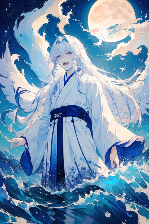 male性，male，White Hanfu，Long white hair，Long flowing hair，wide sleeve robe，Ancient Wind，Private Server，There is no pattern on the clothes，Laughing，Soft Lighting，Water-based ink，I can see the full moon behind me，Low Saturation，Low contrast，LED floodlight