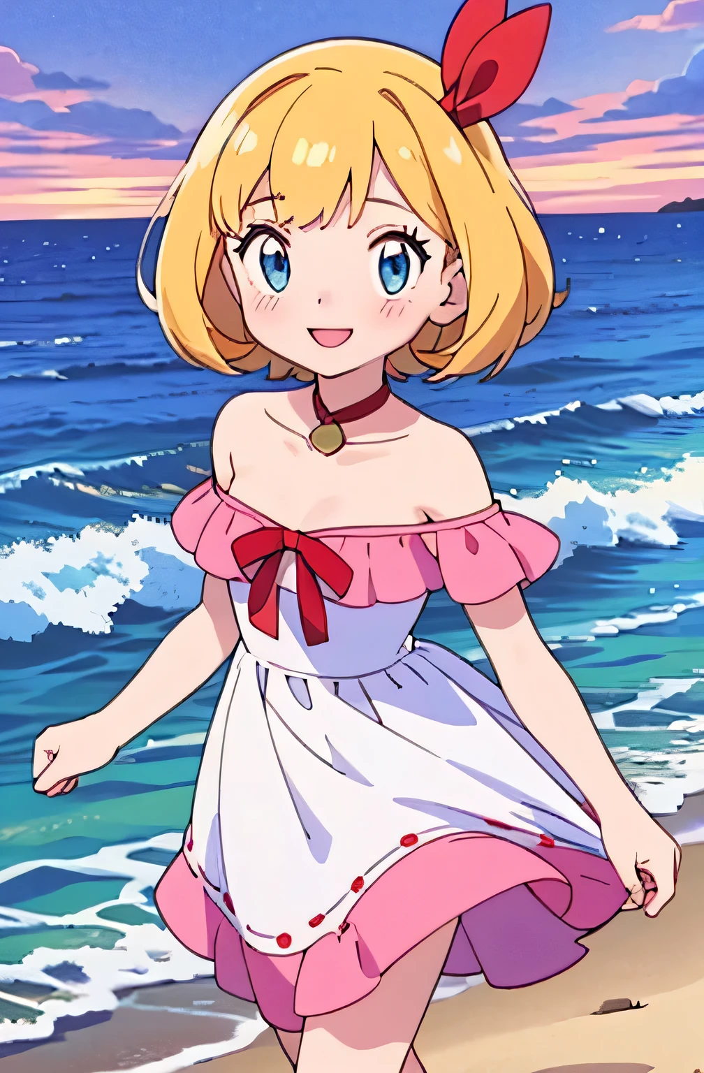 pokemovies, sugimori ken, ken sugimori ken \(style\), anime screencap, masterpiece, best quality, highres, outdoors, small breasts, 1 girl, Solo, Blue Eyes, Beautiful Detail Eyes, Blonde Medium Hair, Short Hair, Bangs, Good hands are down, Smile, Blushing, Bare Neck, Bare Shoulders, strapless, White Ruffle Off-the-Shoulder maxi dress. Cowboy shot. A landscape of the beach, sea, early evening, purple skies, sand beach. In the center. Walking on the beach with bare feets. Far from the bottom, looking at viewers, ager
