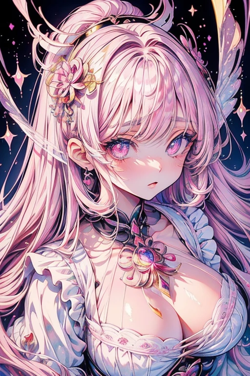 masterpiece,highest quality,Sakura Hair,Pink Eyes,((Sparkling eyes)),Beautiful Face,Long eyelashes,Thin eyebrows,Fine grain,The most beautiful in the world,Idol,The most beautiful in the world,Big Breasts,Best Style,White skin stage lighting
