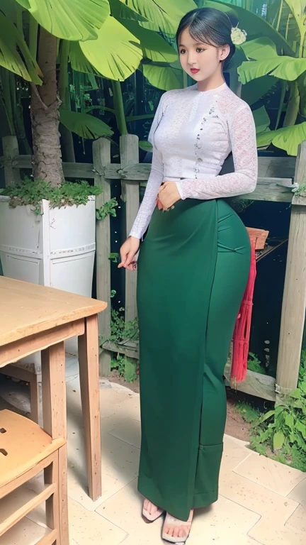 Burmese girl with attractive curvy full body.  Friends full-length bikini, (green dress) reflective long dress painted with flower patterns, only dress.  hi gh hips  High resolution  High resolution  natural background  High resolution  HD  3D,  8K cartoon anime 