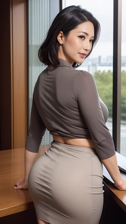 High resolution, High resolution, Attention to detail, masterpiece, Rough skin, Anatomically correct, sharp, 
Inside the company、オフィスのlandscapeで、desk work、 
((Japanese Mature, 50 years old)), alone, ((Facial wrinkles)), Shapely large breasts, ((Brown short bob)), Chubby body type, 
(((Accentuate your butt))) ,White blouse with collar, Grey tight skirt,Big Ass、Look Down、landscape,A gentle smile、A captivating gaze、A gaze that seduces viewers、
