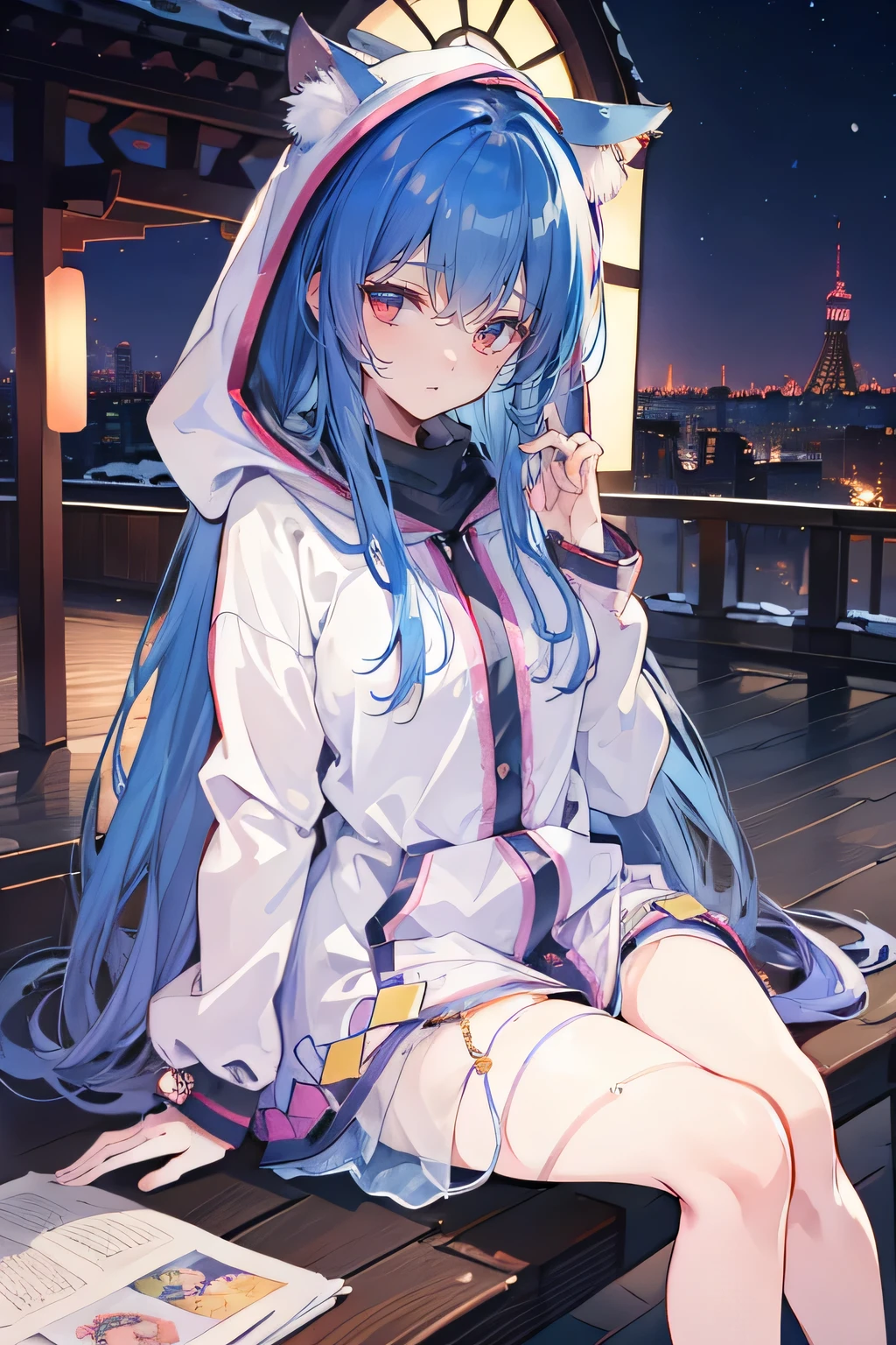 (best quality,4k,8k,highres,masterpiece:1.2), ultra-detailed, (realistic,photorealistic,photo-realistic:1.37), expressive and delicate eyes, fair and flawless skin, perfect facial features, 1 girl,
Japanese comics, stunning flowing blue hair, flowing clothes, adorable cat ears, falling petals, beautiful lola, baby angel, sunrise,
gently shaking head with one hand, crossed legs, serene and peaceful background, cool and comfortable pavilion, radiant smile, girl wearing a hoodie, Tokyo cityscape in the background, snowfall, winter season elements.