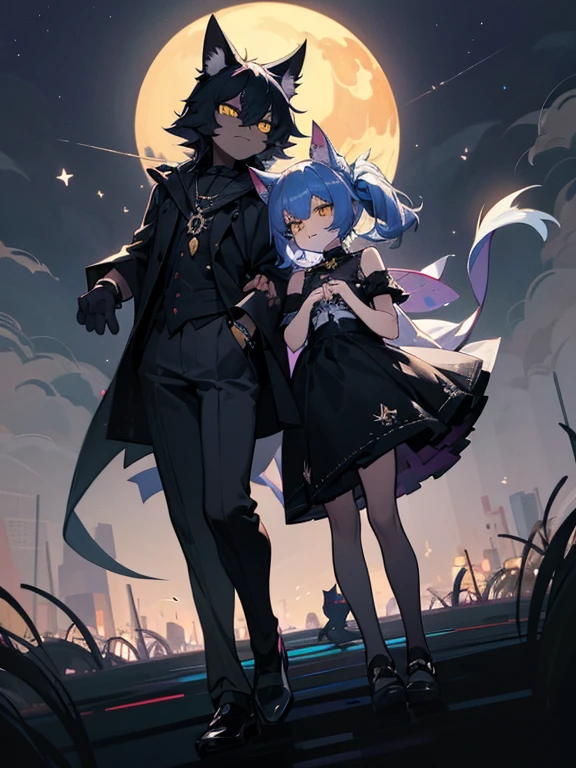 cartoon of two cats in cool positions standing together looking at the camera, black cats, ddlc, in the art style of graypillow artist, animated cats, lofi cats, beautiful background outside, background at night with stars and a white moon, fairy lights, beautiful background in a dark spooky abandoned garden with fairy lights at night, two black cute cats, two black cats looking serious, frowning yellow eyes, frowning black cats, beautiful faces, two black cats, don't extra paws, NO extra paws, generate two black cats with NO extra paws, NO extra arm, pretty faces, two cute pretty black cats with amazing smile, the two black cats has a pretty smile, slim, two black slim cats with yellow eyes, two slim black cats with sinister yellow eyes and beautiful smiles, Auf dem Boden sitzen zwei schwarze Katzen, Kriegerkatzen fan art, Katze aus der Leere, Kriegerkatzen, Charakter anpassbar, der dunkle Gott der Katzen, detailliertes Fanart, Full body customizable, ashfur from Kriegerkatzen, Referenzblatt, Lokis Lieblingsprojekt, mit leuchtenden Augen, hochwertiges Fanart, Referenzkunst, Konzeptkunst!!