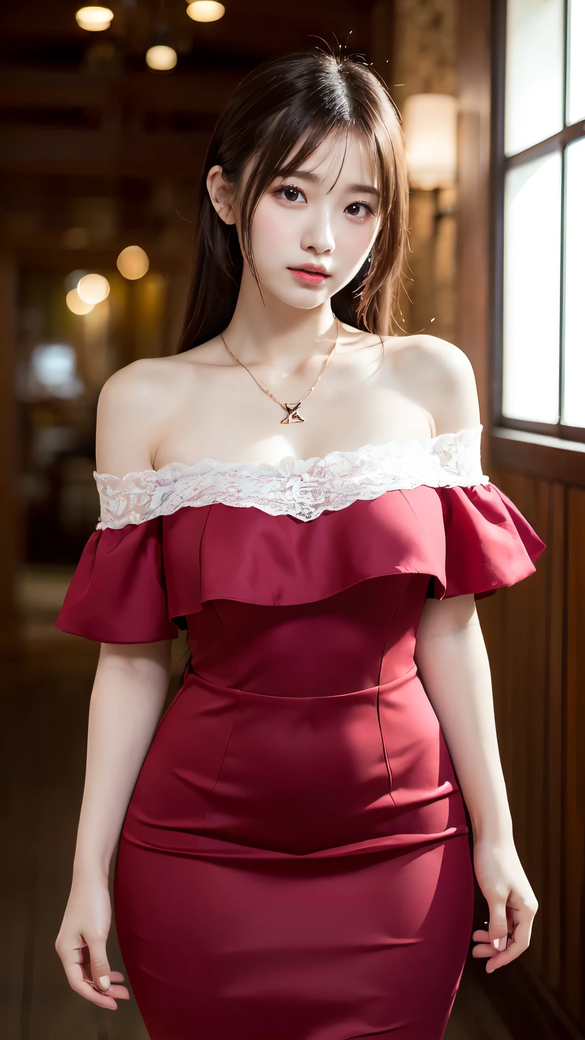 detailed background, masterpiece, best quality, 1 person , curly hair, long hair, purple eyes, star in eye , sharp red Strapless blouse, long skirt, red color