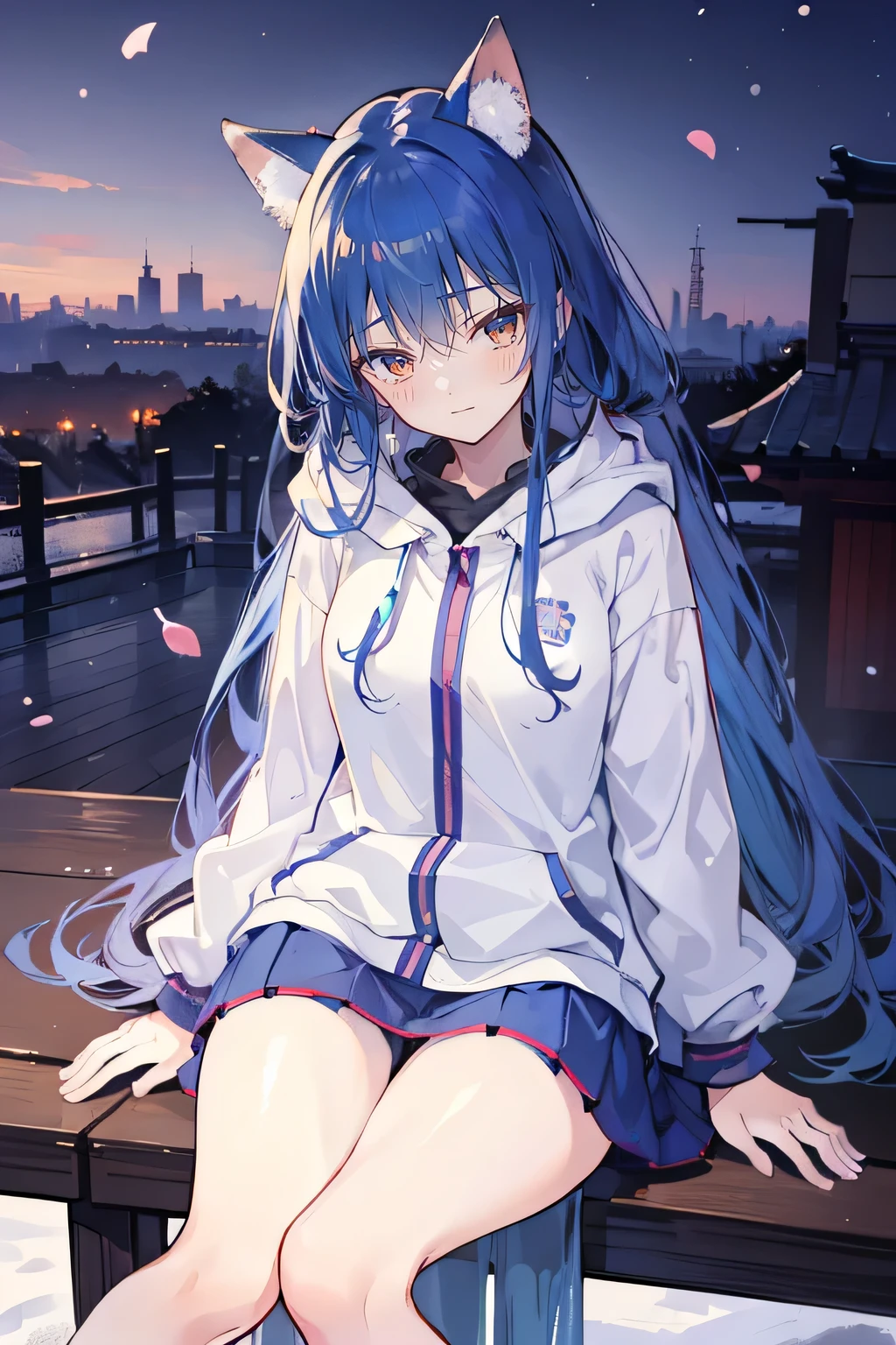(best quality,4k,8k,highres,masterpiece:1.2), ultra-detailed, (realistic,photorealistic,photo-realistic:1.37), expressive and delicate eyes, fair and flawless skin, perfect facial features, 1 girl,
Japanese comics, stunning flowing blue hair, flowing clothes, adorable cat ears, falling petals, beautiful lola, baby angel, sunrise,
gently shaking head with one hand, crossed legs, serene and peaceful background, cool and comfortable pavilion, radiant smile, girl wearing a hoodie, Tokyo cityscape in the background, snowfall, winter season elements.