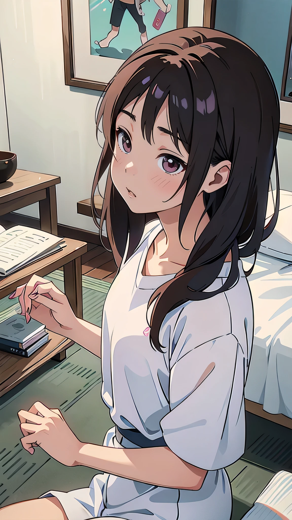 Asian woman in her 50s sitting on the floor in white underwear, realistic Young Gravure Idol, Yoshitomo Nara, sakimichan, Young and beautiful gravure idol, Young Gravure Idol, shikamimi, Chiho, 8k)), Young Sensual Gravure Idol, Wet, Shiny skin!!, Shiny silver