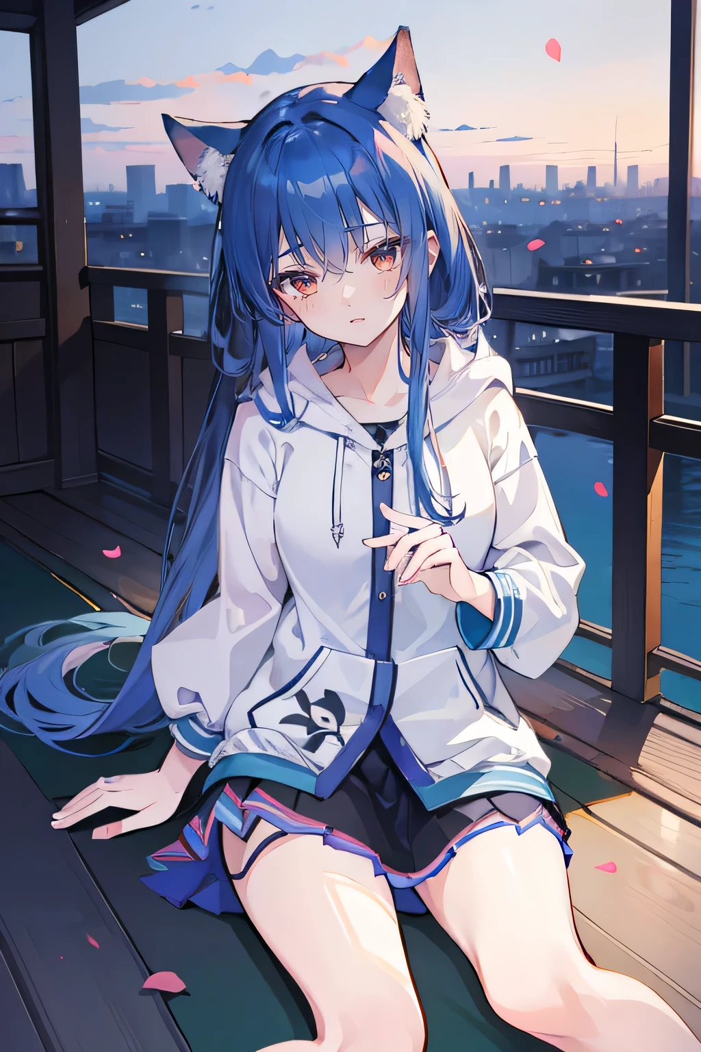 (best quality,4k,8k,highres,masterpiece:1.2), ultra-detailed, (realistic,photorealistic,photo-realistic:1.37), expressive and delicate eyes, fair and flawless skin, perfect facial features, 1 girl,
Japanese comics, stunning flowing blue hair, flowing clothes, adorable cat ears, falling petals, beautiful lola, baby angel, sunrise,
gently shaking head with one hand, crossed legs, serene and peaceful background, cool and comfortable pavilion, radiant smile, girl wearing a hoodie, Tokyo cityscape in the background, snowfall, winter season elements.
