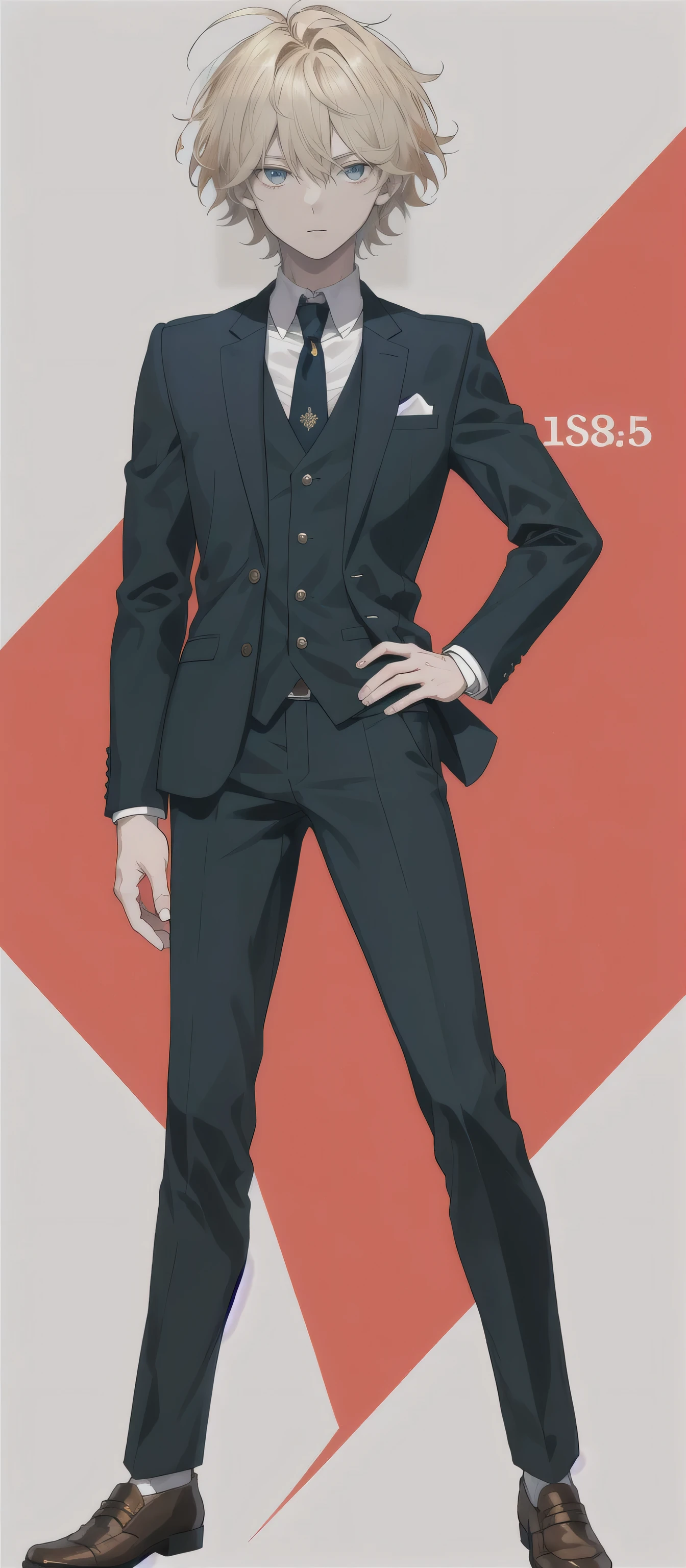 1 man, 18 years old, full body, short hair, blonde hair, Wearing a flamboyant suit, messy hair, front view, hand on hip,