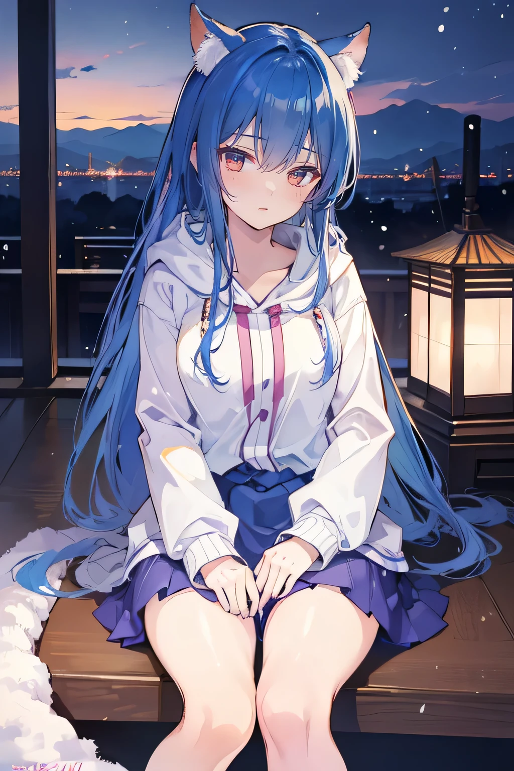 (best quality,4k,8k,highres,masterpiece:1.2), ultra-detailed, (realistic,photorealistic,photo-realistic:1.37), expressive and delicate eyes, fair and flawless skin, perfect facial features, 1 girl,
Japanese comics, stunning flowing blue hair, flowing clothes, adorable cat ears, falling petals, beautiful lola, baby angel, sunrise,
gently shaking head with one hand, crossed legs, serene and peaceful background, cool and comfortable pavilion, radiant smile, girl wearing a hoodie, Tokyo cityscape in the background, snowfall, winter season elements.