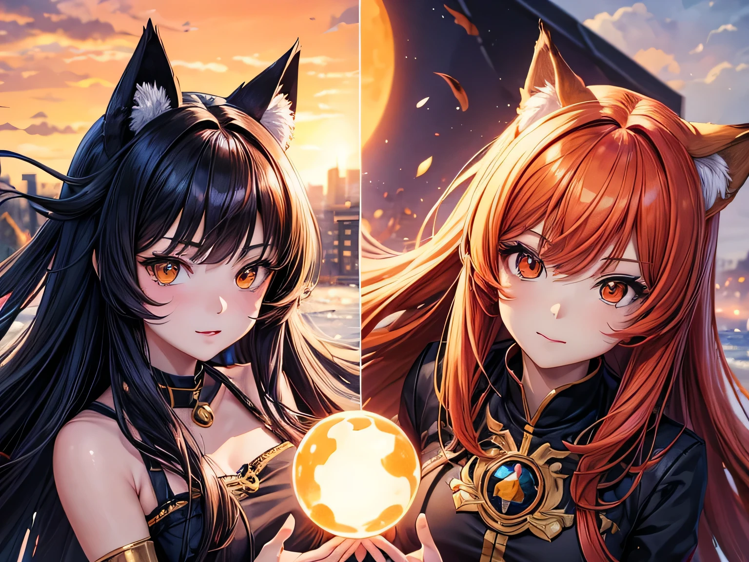 ((best quality)), ((masterpiece)), (detailed), perfect face, anime girl with long red hair and cat ears in a black outfit, beautiful anime catgirl, very beautiful anime cat girl, anime girl with cat ears, extremely detailed artgerm, ayaka genshin impact, trending on artstation pixiv, ayaka game genshin impact, holo is a wolf girl, digital anime illustration, holding a magical orange power ball, fox outfit, fox ears, miraculous fox power, with God tail, night background, attack pose, seriously expression,