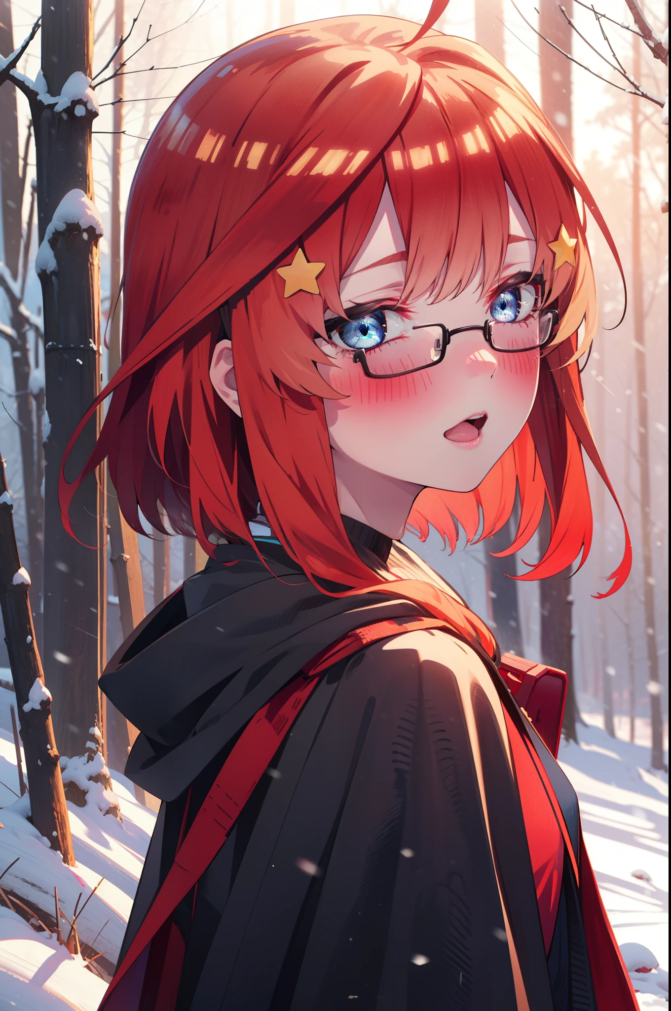 itsukinakano, Itsuki Nakano, bangs, blue eyes, Hair between the eyes, Ahoge, Redhead, star \(symbol\), hair ornaments, star hair ornaments,smile,blush,White Breath,Akagi Glasses,
Open your mouth,snow, Ground bonfire, Outdoor, boots, snowing, From the side, wood, suitcase, Cape, Blurred, Increase your meals, forest, White handbag, nature, Squat, Mouth closed, フードed Cape, winter, Written boundary depth, Black shoes, red Cape break looking at viewer, Upper Body, whole body, break Outdoor, forest, nature, break (masterpiece:1.2), highest quality, High resolution, unity 8k wallpaper, (shape:0.8), (Beautiful and beautiful eyes:1.6), Highly detailed face, Perfect lighting, Extremely detailed CG, (Perfect hands, Perfect Anatomy),
