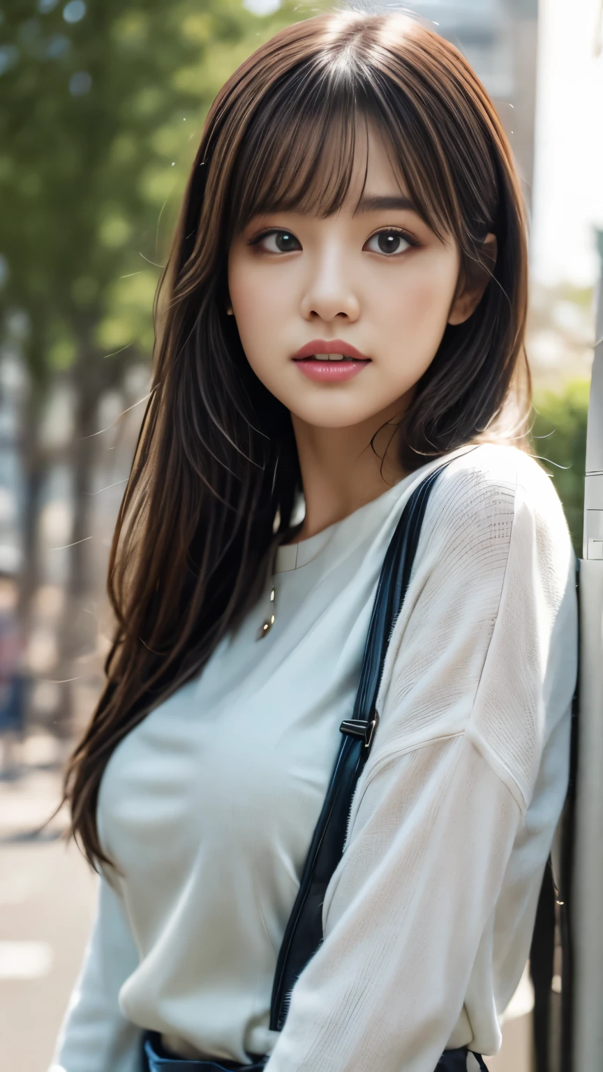 doress、(Photorealsitic:1.4)、(hyper realisitic:1.4)、(realisitic:1.3)、(Smooth lighting:1.05)、(Improved lighting quality in movies:0.9)、32K、1girl in、20 years girl、Realistic lighting、Back lighting、Facial light、raytrace、(brightened light:1.2)、(enhanced quality:1.4)、(Top quality real texture skins:1.4)、finely eye、finerly detailed face、Fine quality eye、(Tired, sleepy and satisfied:0.0)、 close up of face、tshirts、(enhance body line mood:1.1)、(Increase the beauty of skin texture:1.1)、((Satomi Ishihara))、Long hair with a uniform shape on the left and right、Concrete background