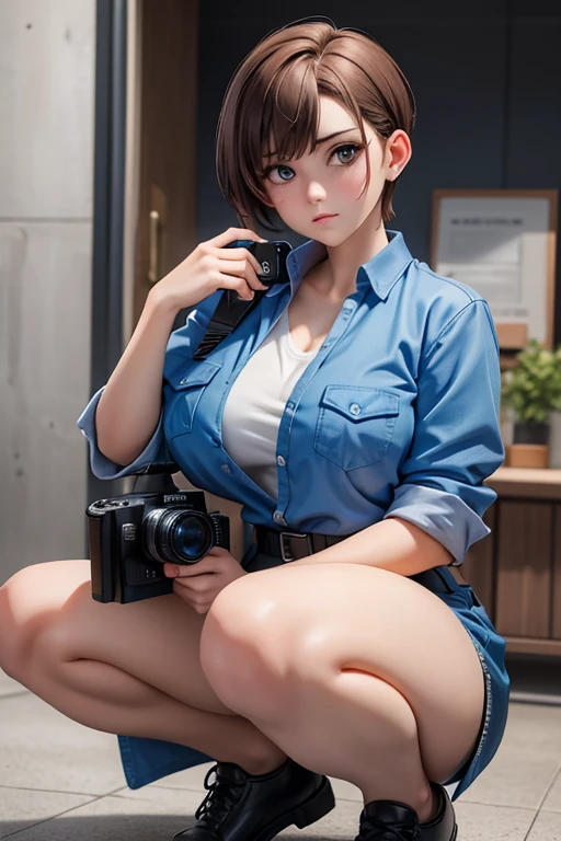 (best quality, masterpiece),20yo beautiful girl,criminal investigation, blue work clothes,blue cargo pants,light brown side undercut,fade cut,short hair,(huge sagging breasts),nervous,holding a camera,in the scene of the incident,squatting,absurdres