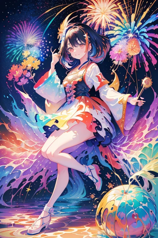 ((Fireworks Master)),Fireworks are the main focus,Fireworks display beyond imagination,An innocent smile、Glasses、never seen、Seven Colors,(One Girl, alone:1.6),(Cute Smile),(Her attire is simple), (Highest Impact:1.5), (Maximalism:1.7), Vivid contrast, (Realistic), 超Realisticなイラスト, High resolution, Ultra-detailed, Absurd,(Fractal Art:1.3)、Random Hairstyles、Random Hair Color Colorful、Full Body Shot、Retro、Accurate focus、Random pose、Cinema 4D、Drama