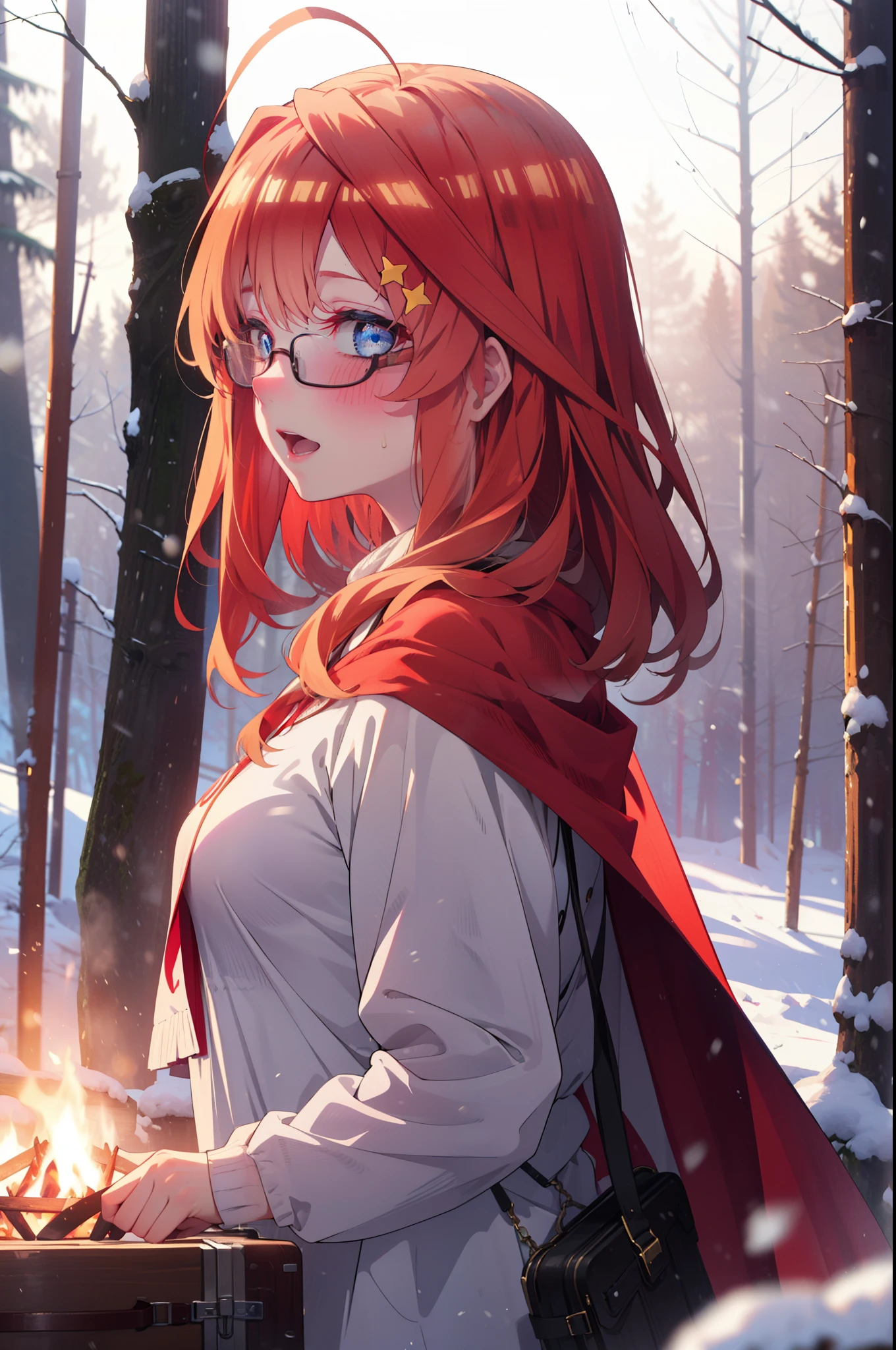 itsukinakano, Itsuki Nakano, bangs, blue eyes, Hair between the eyes, Ahoge, Redhead, star \(symbol\), hair ornaments, star hair ornaments,smile,blush,White Breath,Akagi Glasses,
Open your mouth,snow, Ground bonfire, Outdoor, boots, snowing, From the side, wood, suitcase, Cape, Blurred, Increase your meals, forest, White handbag, nature, Squat, Mouth closed, フードed Cape, winter, Written boundary depth, Black shoes, red Cape break looking at viewer, Upper Body, whole body, break Outdoor, forest, nature, break (masterpiece:1.2), highest quality, High resolution, unity 8k wallpaper, (shape:0.8), (Beautiful and beautiful eyes:1.6), Highly detailed face, Perfect lighting, Extremely detailed CG, (Perfect hands, Perfect ???????),