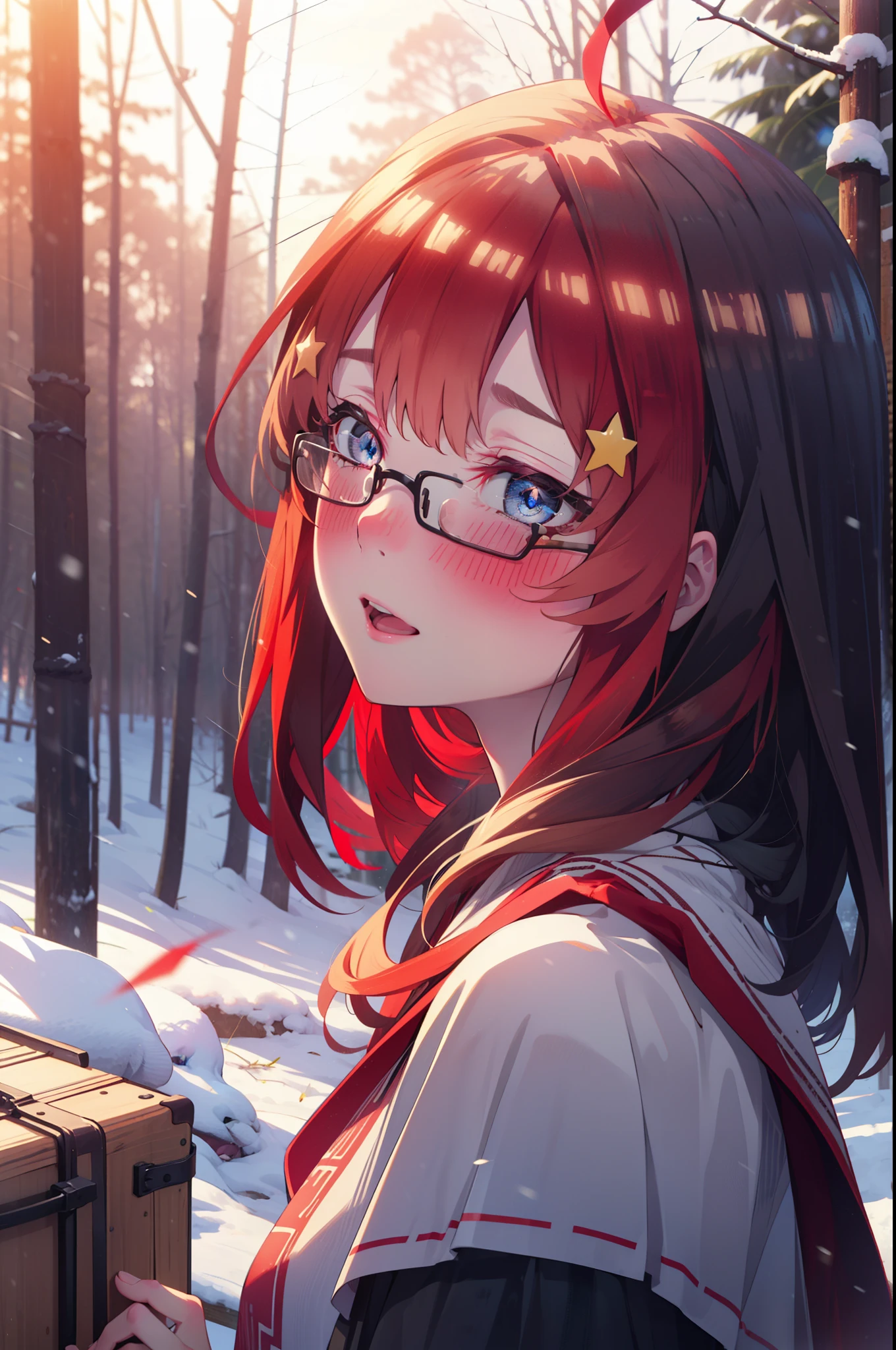 itsukinakano, Itsuki Nakano, bangs, blue eyes, Hair between the eyes, Ahoge, Redhead, star \(symbol\), hair ornaments, star hair ornaments,smile,blush,White Breath,Akagi Glasses,
Open your mouth,snow, Ground bonfire, Outdoor, boots, snowing, From the side, wood, suitcase, Cape, Blurred, Increase your meals, forest, White handbag, nature,  Squat, Mouth closed, フードed Cape, winter, Written boundary depth, Black shoes, red Cape break looking at viewer, Upper Body, whole body, break Outdoor, forest, nature, break (masterpiece:1.2), highest quality, High resolution, unity 8k wallpaper, (shape:0.8), (Beautiful and beautiful eyes:1.6), Highly detailed face, Perfect lighting, Extremely detailed CG, (Perfect hands, Perfect Anatomy),