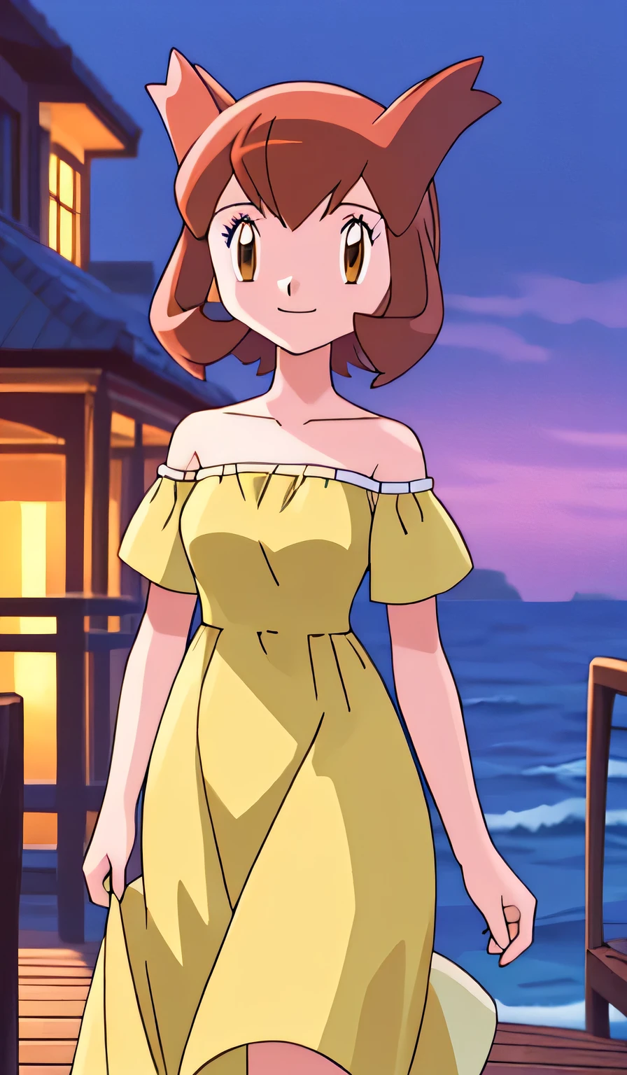 masterpiece, best quality, ultra-detailed, illustration, beautiful detailed eyes, very detailed illustration, cinematic lighting, 1 girl, solo, Pokemon Heroes (Bianca), Brown Hair, brown eyes, floating hair, 1 girl, solo, bare shoulders, strapless, off shoulders, ruffle off the shoulder top, pink maxi dress, intricate details, sharp focus, high resolution, beachside，evening light，purple skies, early evening，walking on the deck, Coast, cowboy shot, light smile