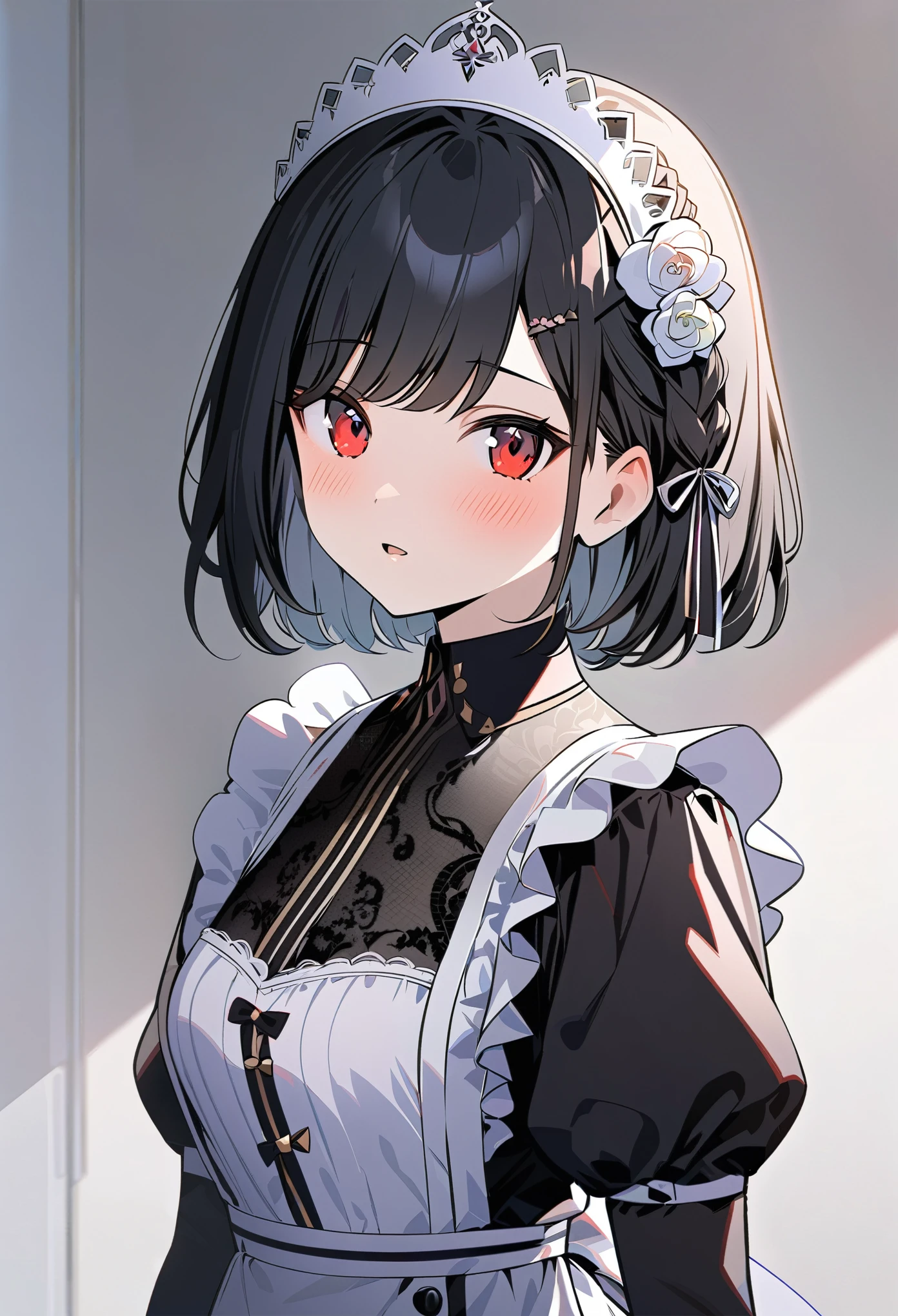 best quality, masterpiece, highres, solo, {lainie_cyan_tenseioujototensaireijounomahoukakumei:1.15}, black_hair, short_hair, hair_ornament, bangs, flower, hair_flower, braid, crown_braid, blurry, red_eyes, 1girl, maid, puffy_sleeves, upper_body, looking_at_viewer