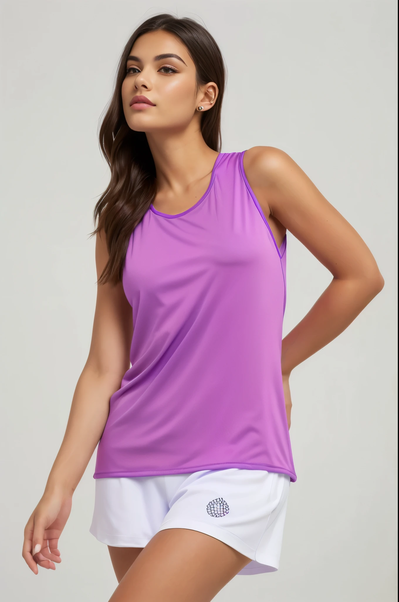 a woman in a purple regata and white shorts posing, regata apertada violeta, Top roxo, tops sem mangas, regata, regata, Oeste roxo, camiseta, tight fitted regata, top roxo, vestindo camiseta roxa, tennis wear, vestindo uma camiseta muscular, purple tunic, model is wearing technical vest, camiseta violeta