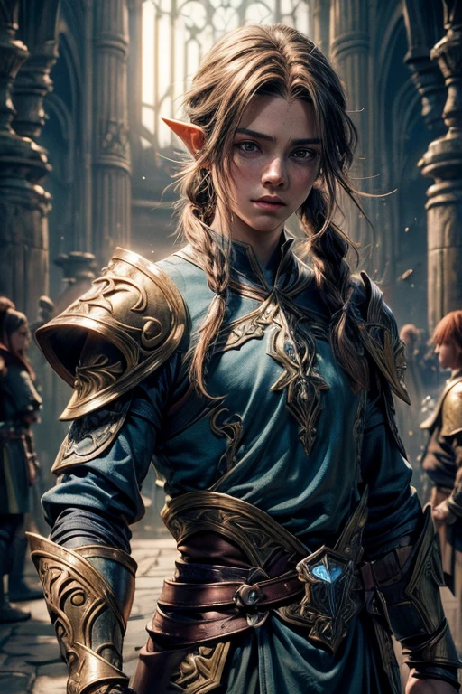 (hyperrealistic image), (masterpiece), Full body of the Link Character from the game Tears of the Kingdom, wearing the champion's new tunic, beautiful face, freckles, shoulder-length hair, tied with a short ponytail at the nape of the neck, eyes light blue, boy, hyper detailed, 32K, in the style of THE ELDER SCROLLS