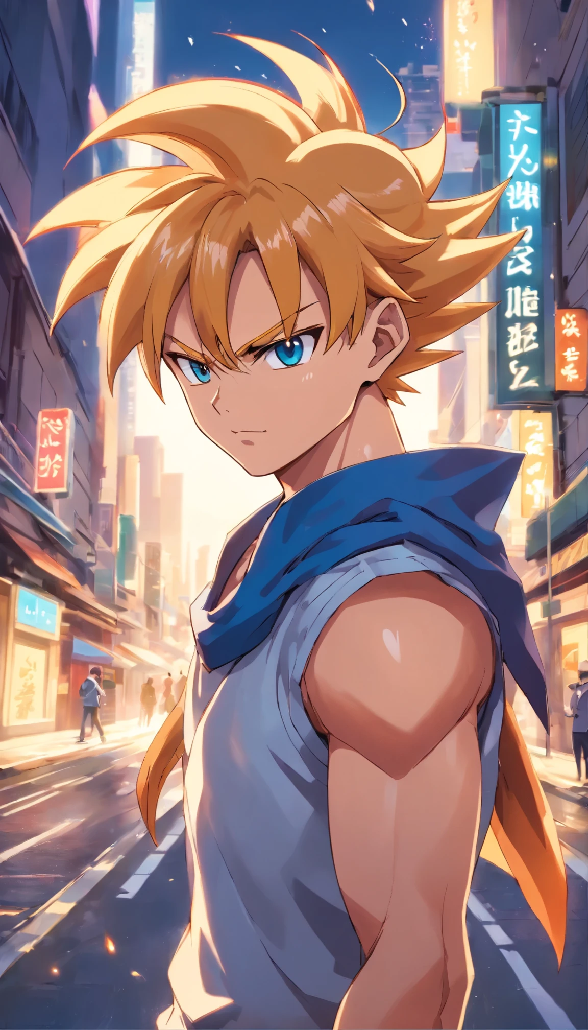 "A fusion of Gogeta and Vegeta from Dragon Ball Super, with a modern twist. Imagine a 17-year-old boy with sleek black hair, dressed in contemporary clothing, with stunning eyes and a handsome face. His cool hairstyle and youthful expression exude confidence as he stands in front of a vibrant urban backdrop. This artistic portrait is rendered in stunning detail using digital painting techniques, bringing this character to life in a physically-based style."