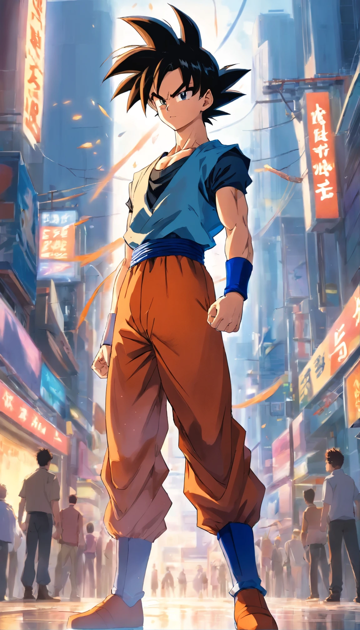 "Gogeta, the powerful fusion of Goku and Vegeta, takes on a new form in this prompt. Picture a 17-year-old boy with jet black hair, dressed in trendy attire, and sporting a stylish haircut. His youthful features and piercing gaze give off a sense of confidence as he strikes a pose against a gritty urban setting. This ultra-detailed portrait is created using digital painting techniques, bringing out the character's unique style and personality."