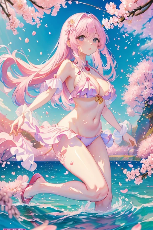 Flowers blooming by the water、Weeping cherry tree、(Cherry blossom petals floating on the water:1.5)、Water reflection!!!!!、Complex, Attractive and charming、Extreme pose、((Tiny Bikini))、Beautiful female body、wonderful、wonderfulな雰囲気、Dreamy beauty and mysterious softness、Soft aesthetics、wonderful、wonderful、wonderful、wonderfulなスタイル、wonderful、wonderful、(((Very large breasts)))、Beautiful leg style、Nipples、((Pink water surface))
