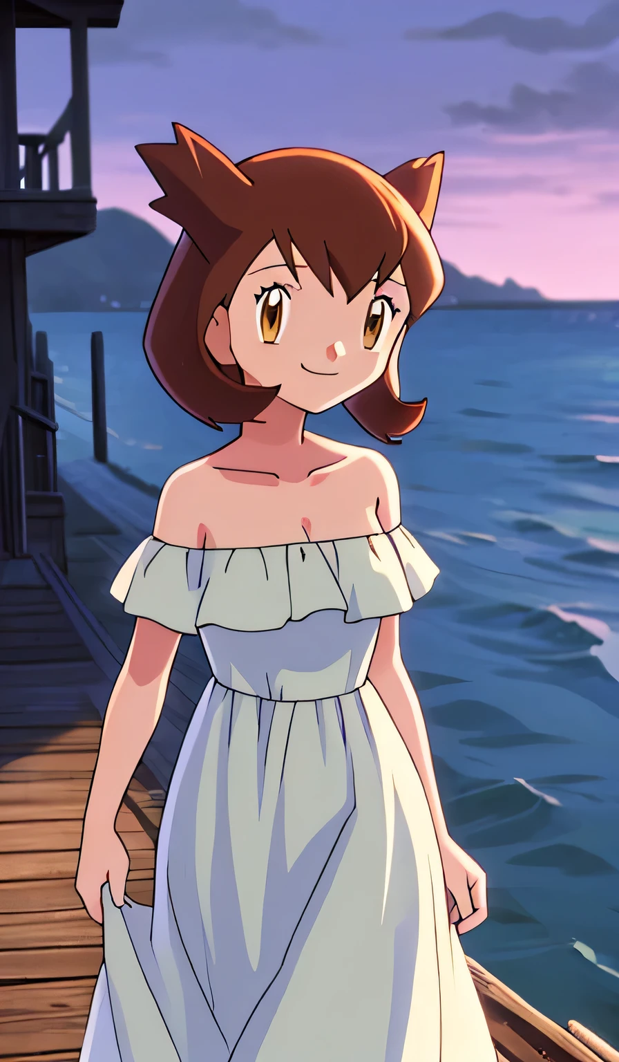 masterpiece, best quality, ultra-detailed, illustration, beautiful detailed eyes, very detailed illustration, cinematic lighting, 1 girl, solo, Pokemon Heroes (Bianca), Brown Hair, brown eyes, floating hair, 1 girl, solo, bare shoulders, strapless, off shoulders, ruffle off the shoulder top, white maxi dress, intricate details, sharp focus, high resolution, beachside,evening light,purple skies, early evening,walking with on the dock, Coast, cowboy shot, light smile