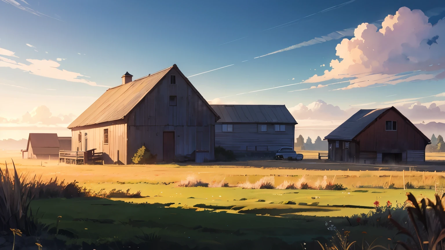 beautiful watercolor background, from Lilo & Stitch,grasslands with blue sky,anime countryside scenery,landscape,flat fields,puffy white clouds,prairies,red barn,detailed scenery artwork,perfect,soft shadows,soft lighting, cinematic light,(Best quality,4K,8K,HDR,high resolution)