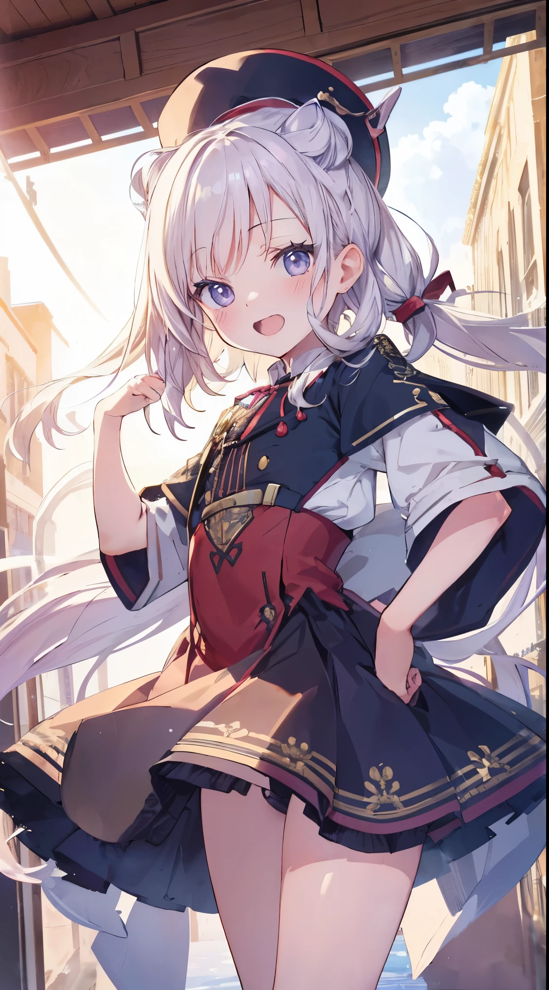 Masterpiece、Highest quality、highest quality、((((Petite))))、(Open Mouth Smile)、Shiny hair quality、Small face、Dynamic pose、Super detailed, beautiful, wide eyes、Ultra-detailed, clear and beautiful faces、(cute illustration:1.2), High-resolution, ultra-detailed, best quality, embarrassed、Thighs
