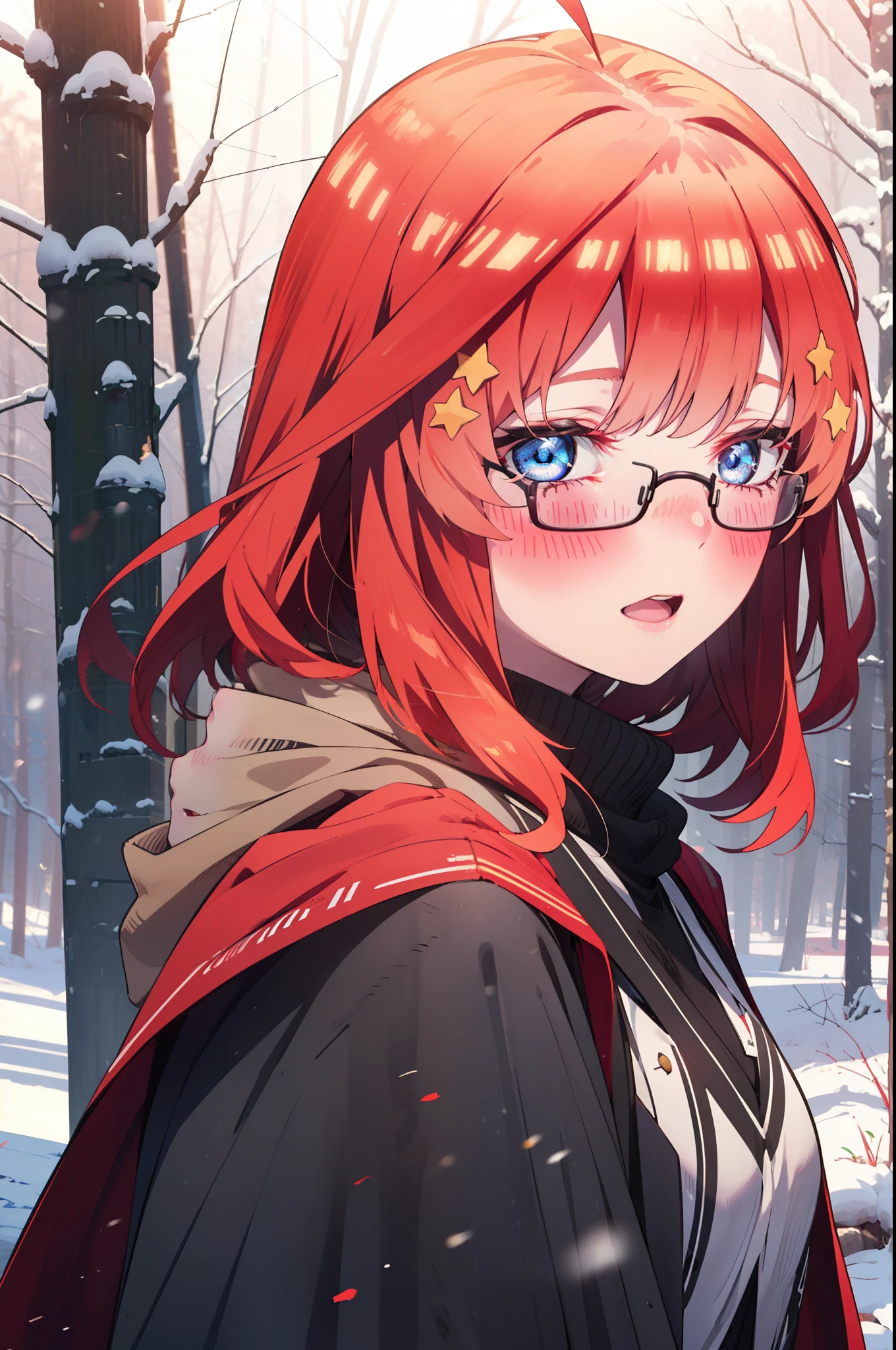 itsukinakano, Itsuki Nakano, bangs, blue eyes, Hair between the eyes, Ahoge, Redhead, star \(symbol\), hair ornaments, star hair ornaments,smile,blush,White Breath,Akagi Glasses,
Open your mouth,snow, Ground bonfire, Outdoor, boots, snowing, From the side, wood, suitcase, Cape, Blurred, Increase your meals, forest, White handbag, nature, Squat, Mouth closed, フードed Cape, winter, Written boundary depth, Black shoes, red Cape break looking at viewer, Upper Body, whole body, break Outdoor, forest, nature, break (masterpiece:1.2), highest quality, High resolution, unity 8k wallpaper, (shape:0.8), (Beautiful and beautiful eyes:1.6), Highly detailed face, Perfect lighting, Extremely detailed CG, (Perfect hands, Perfect Anatomy),